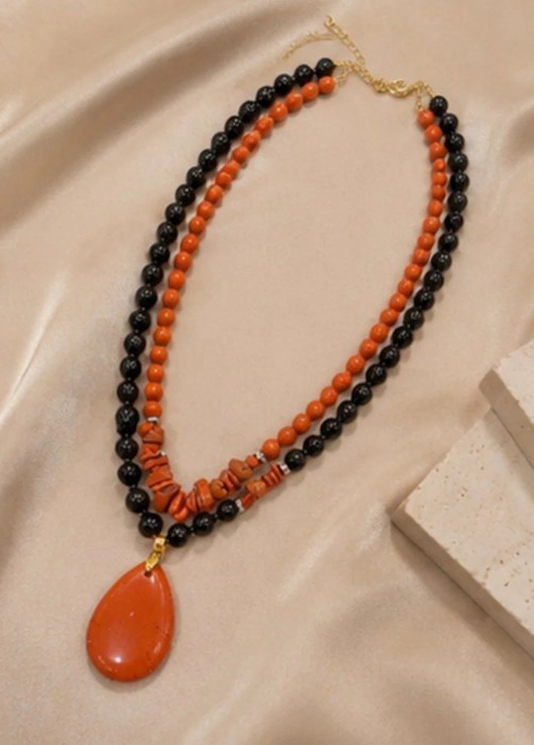Obsidian & Red agate Double-Strand Statement Necklace - Necklace