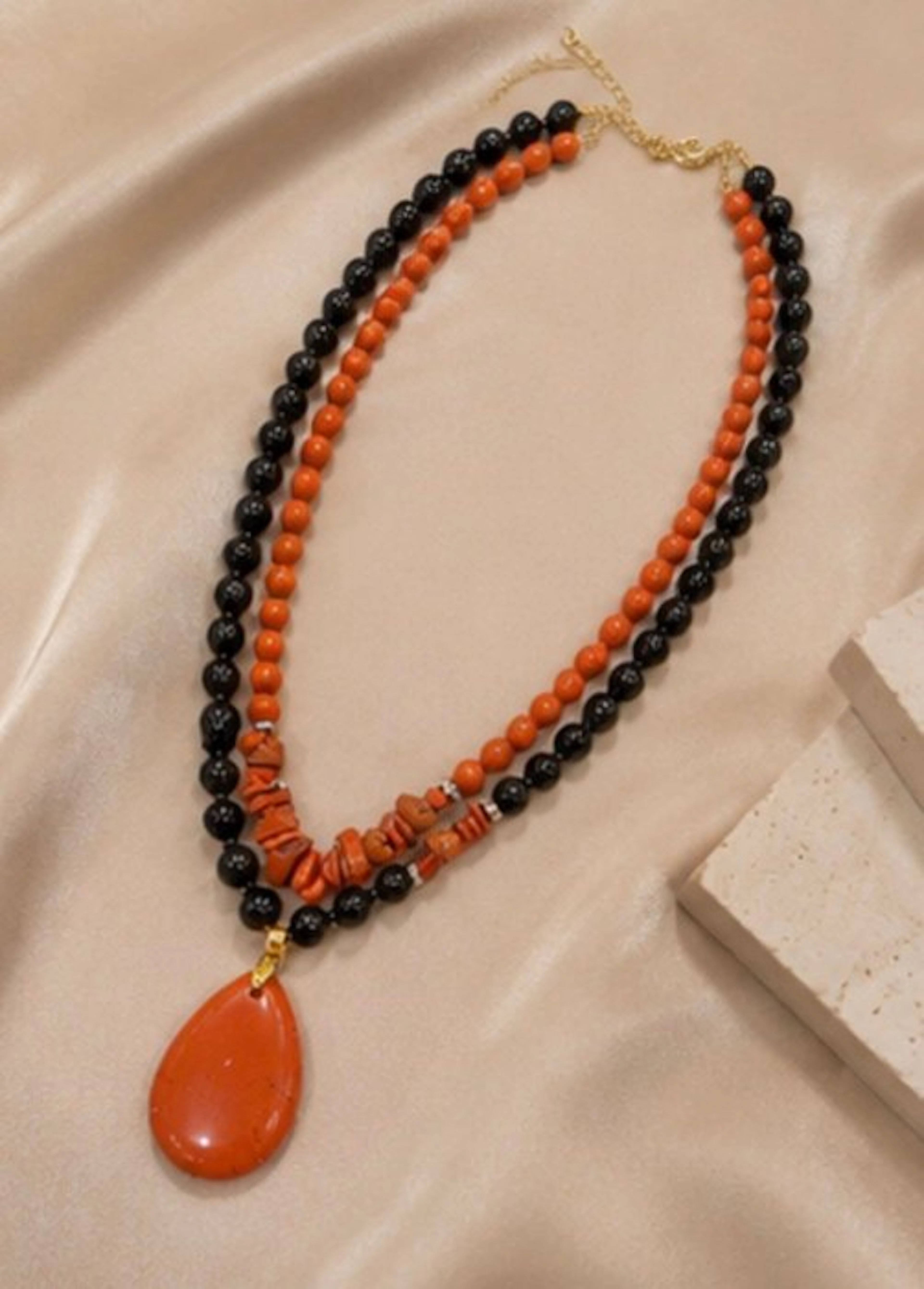 Obsidian & Red agate Double-Strand Statement Necklace - Necklace