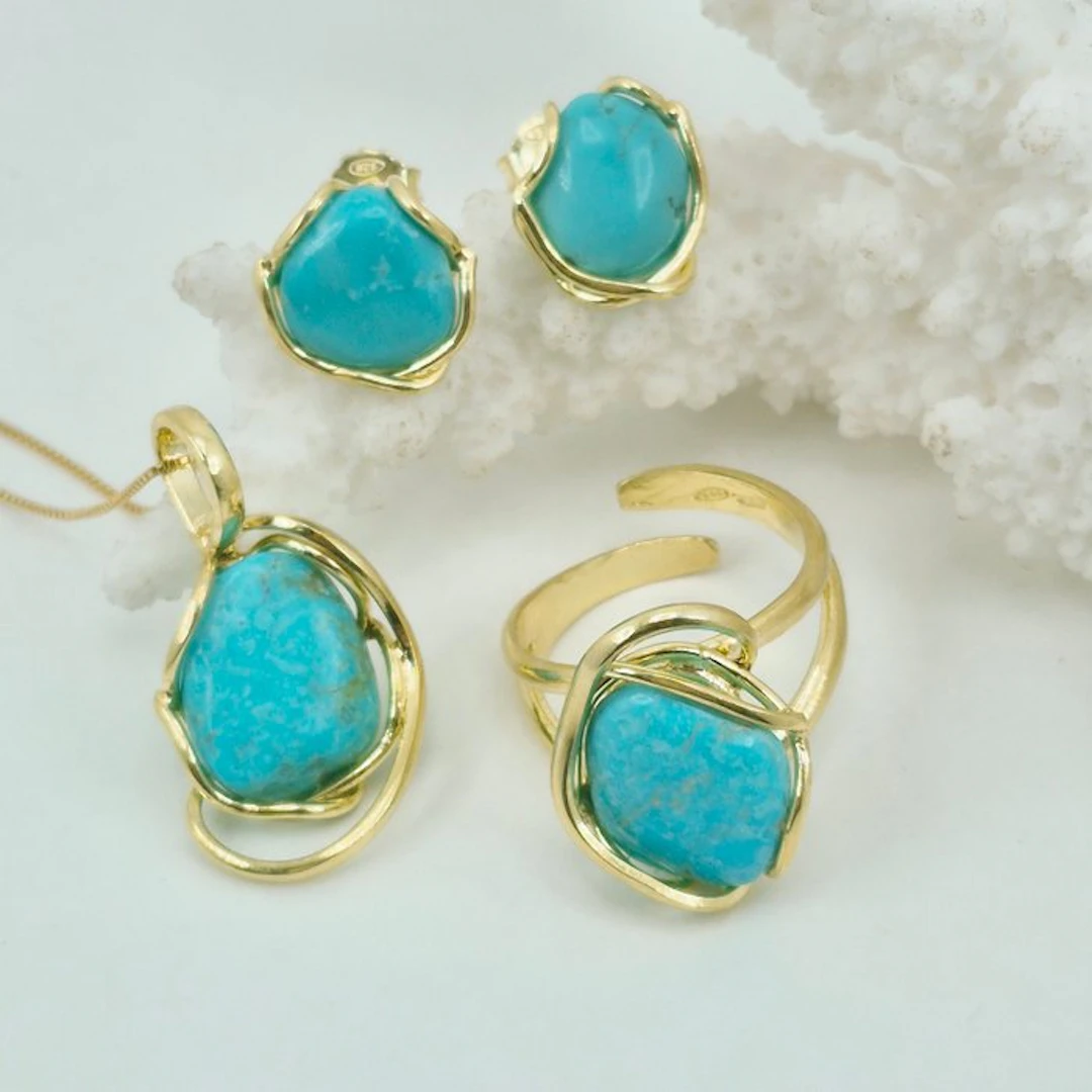 Silver, Gold-plated 3 piece jewellery set - Turquoise Arizona