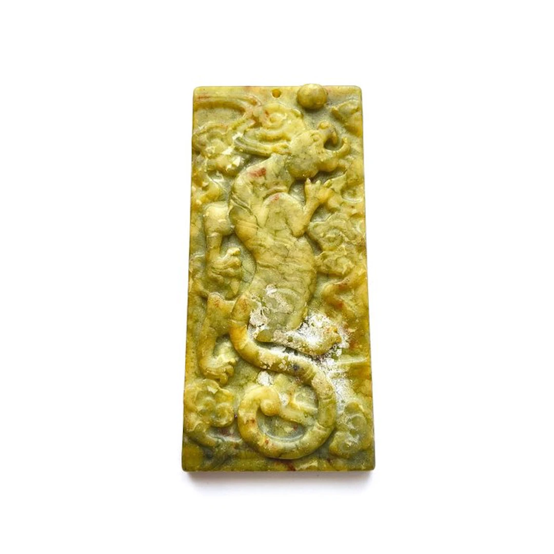 Sino-Siberian Jade (? ) Hard green stone Strutting Tiger Bead Talisman - 50 mm