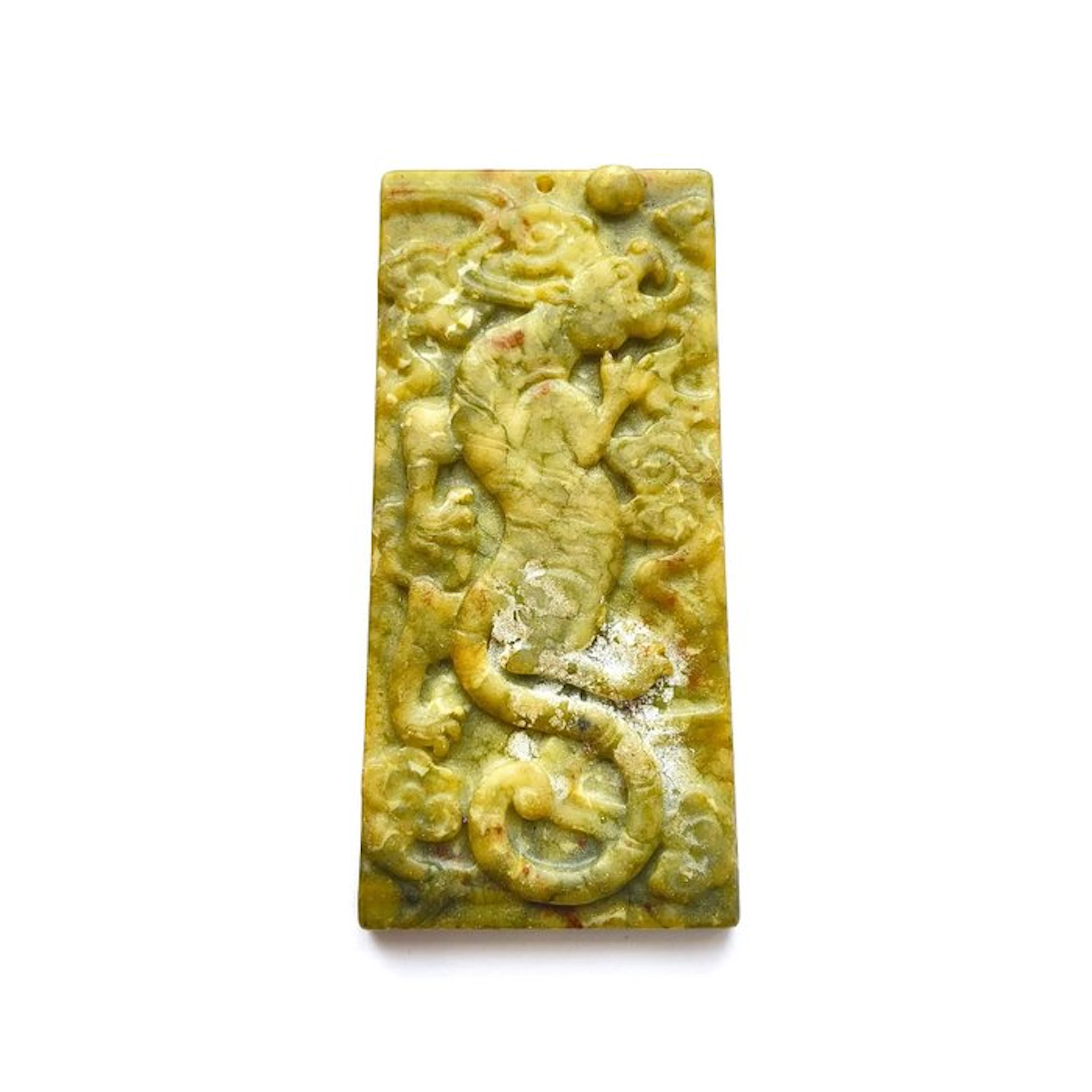 Sino-Siberian Jade (? ) Hard green stone Strutting Tiger Bead Talisman - 50 mm