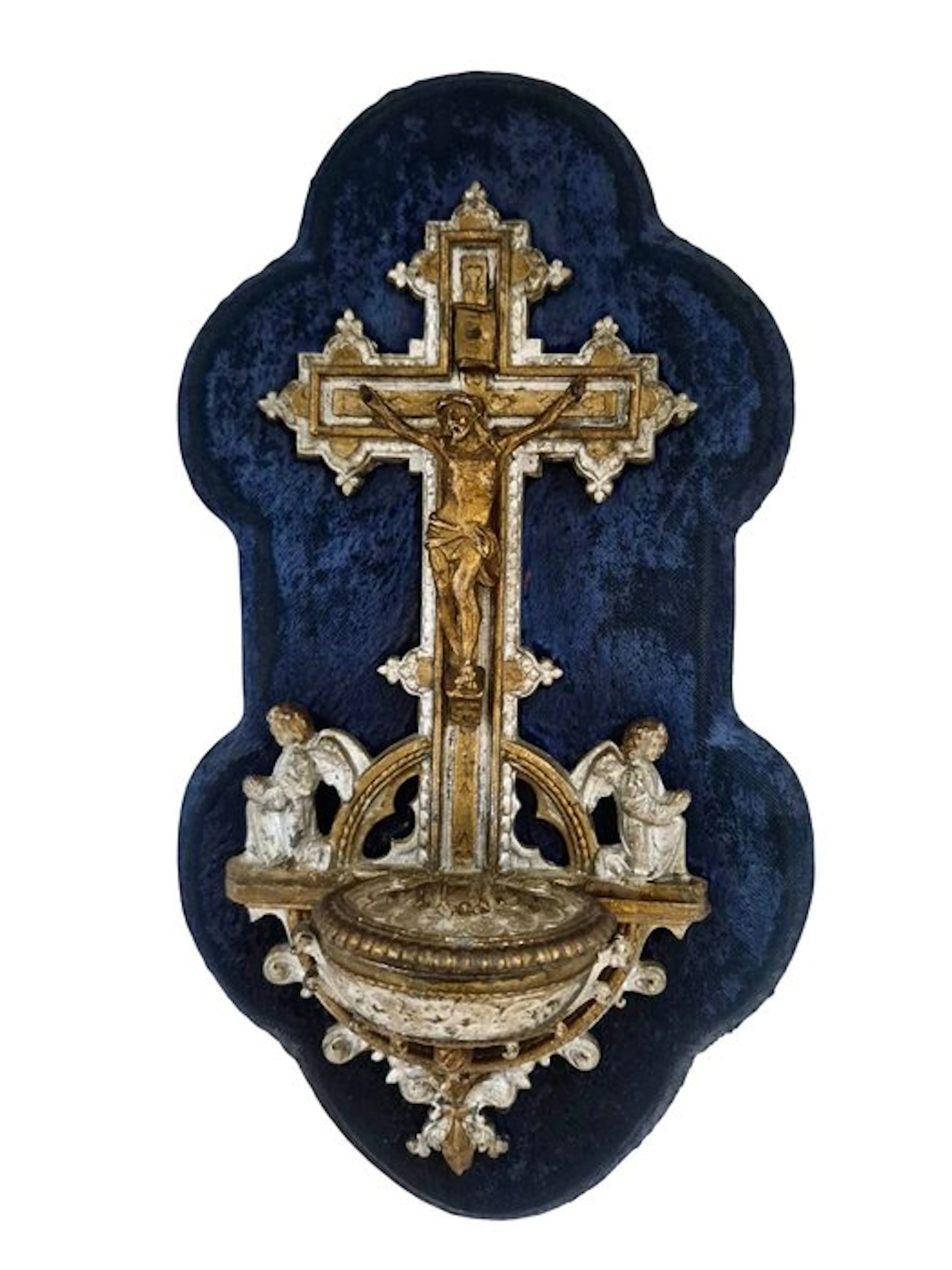 Old wall-mounted holy water font with crucifix - 30 cm - Metal