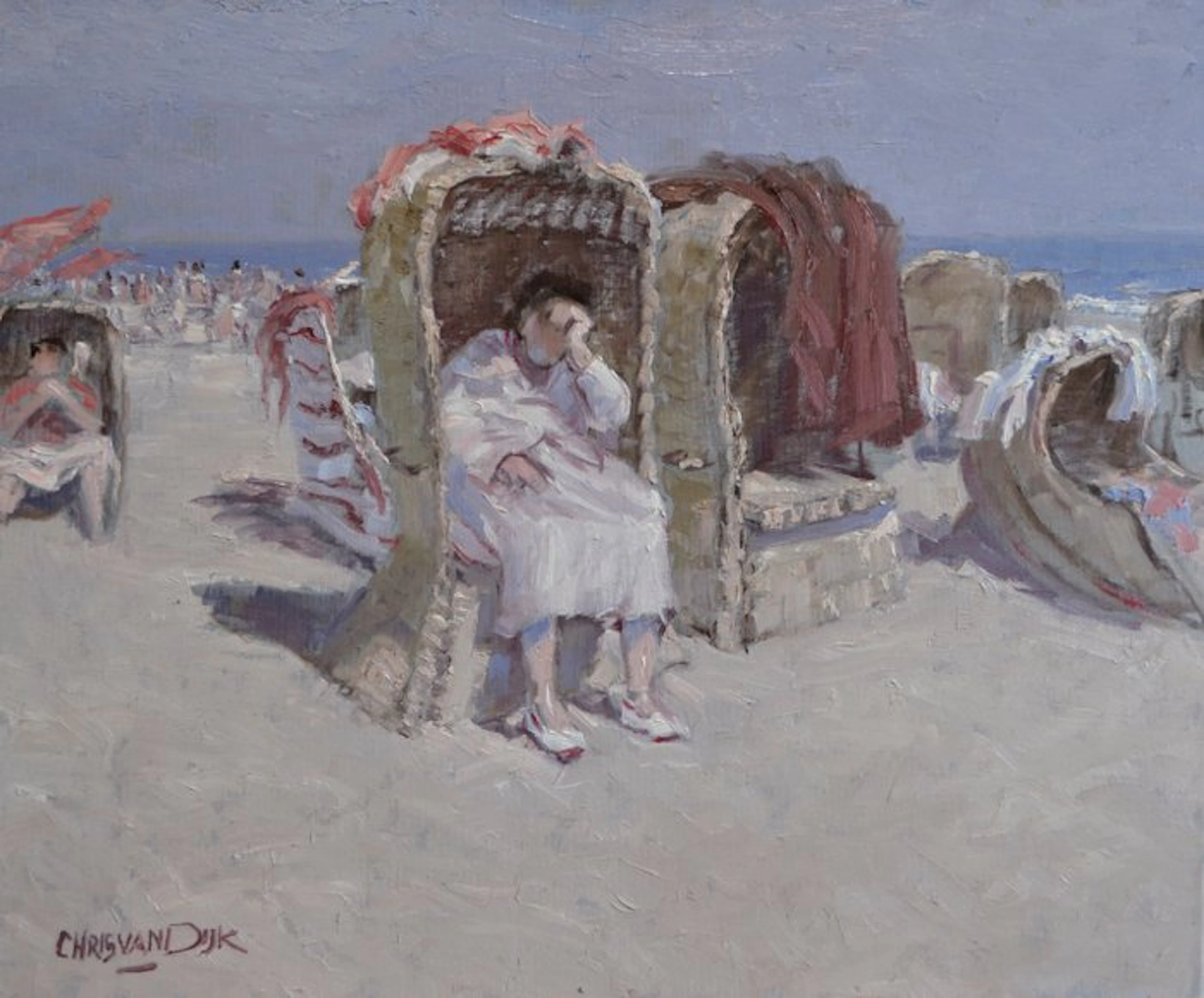 Chris van Dijk (1952) - Impressionist " Siëste sur la plage "