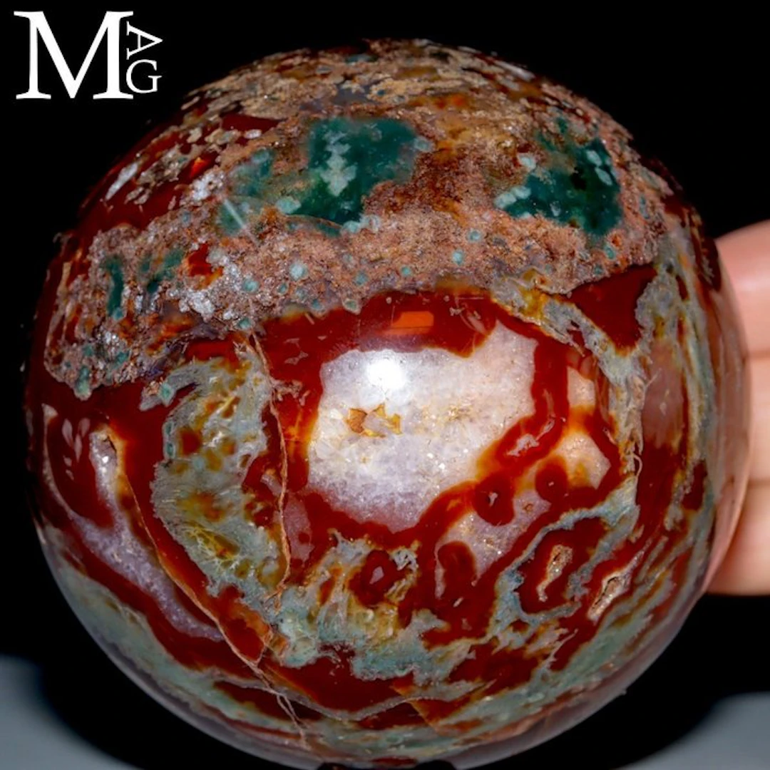 Rare Moss Agate Sphere - Striking Red and Green Dendritic...
