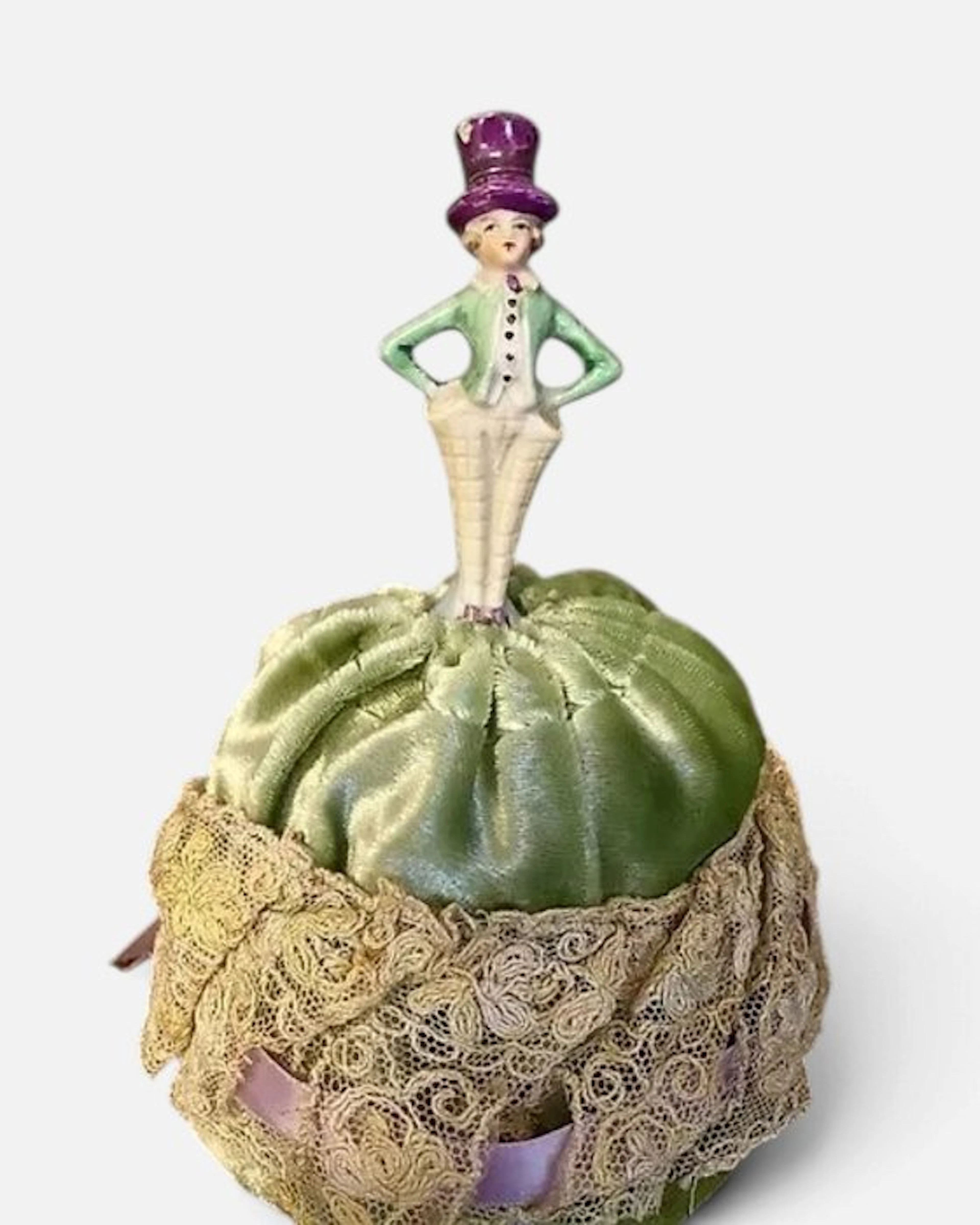 Figurine - Half-doll pincushion - Porcelain, Velvet, Textile
