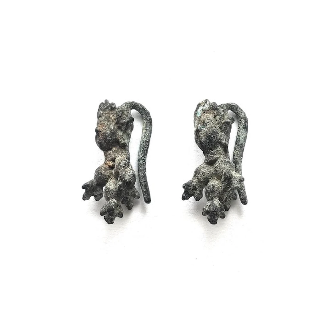 Silk Road - Central Asian Bronze Pair of Earrings with Deity Head Beads - 33 mm