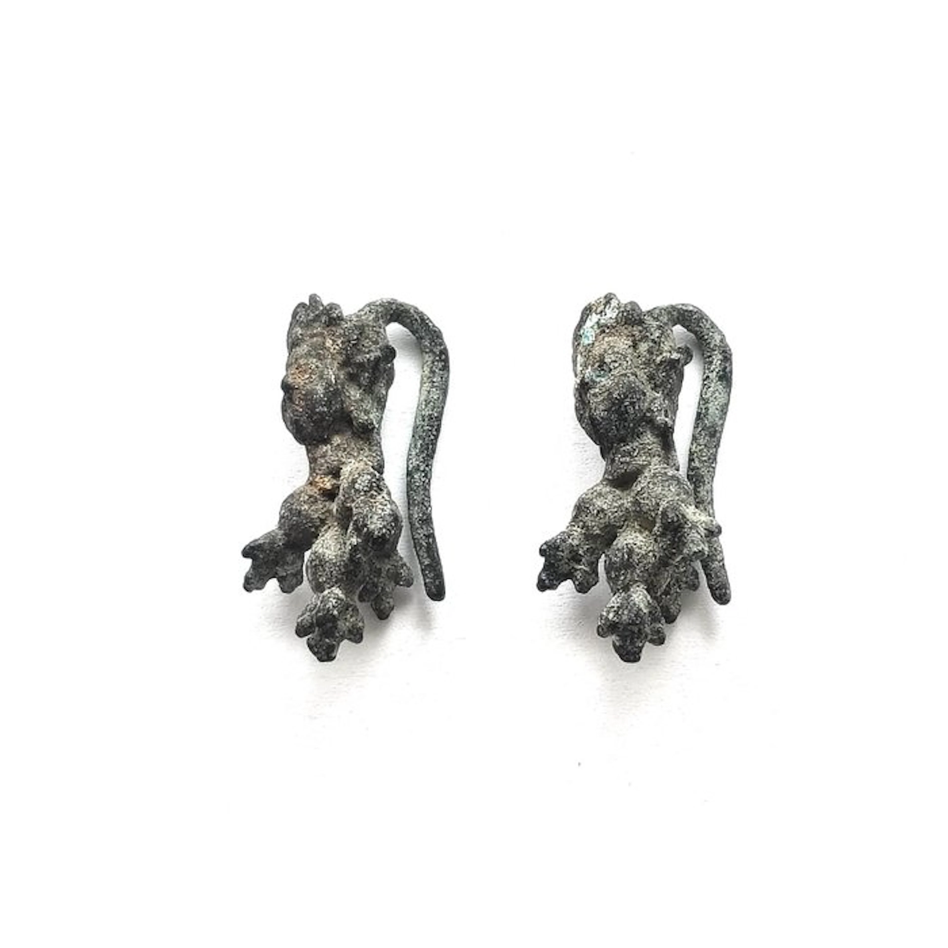 Silk Road - Central Asian Bronze Pair of Earrings with Deity Head Beads - 33 mm