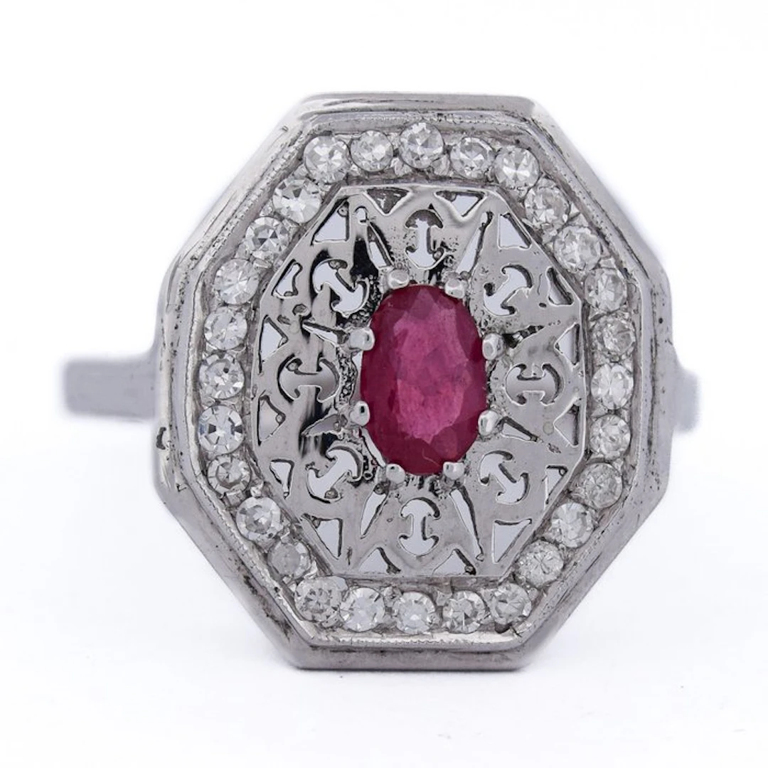 Ring - 18 kt. White gold - 1.06ct. tw. Ruby - Diamond