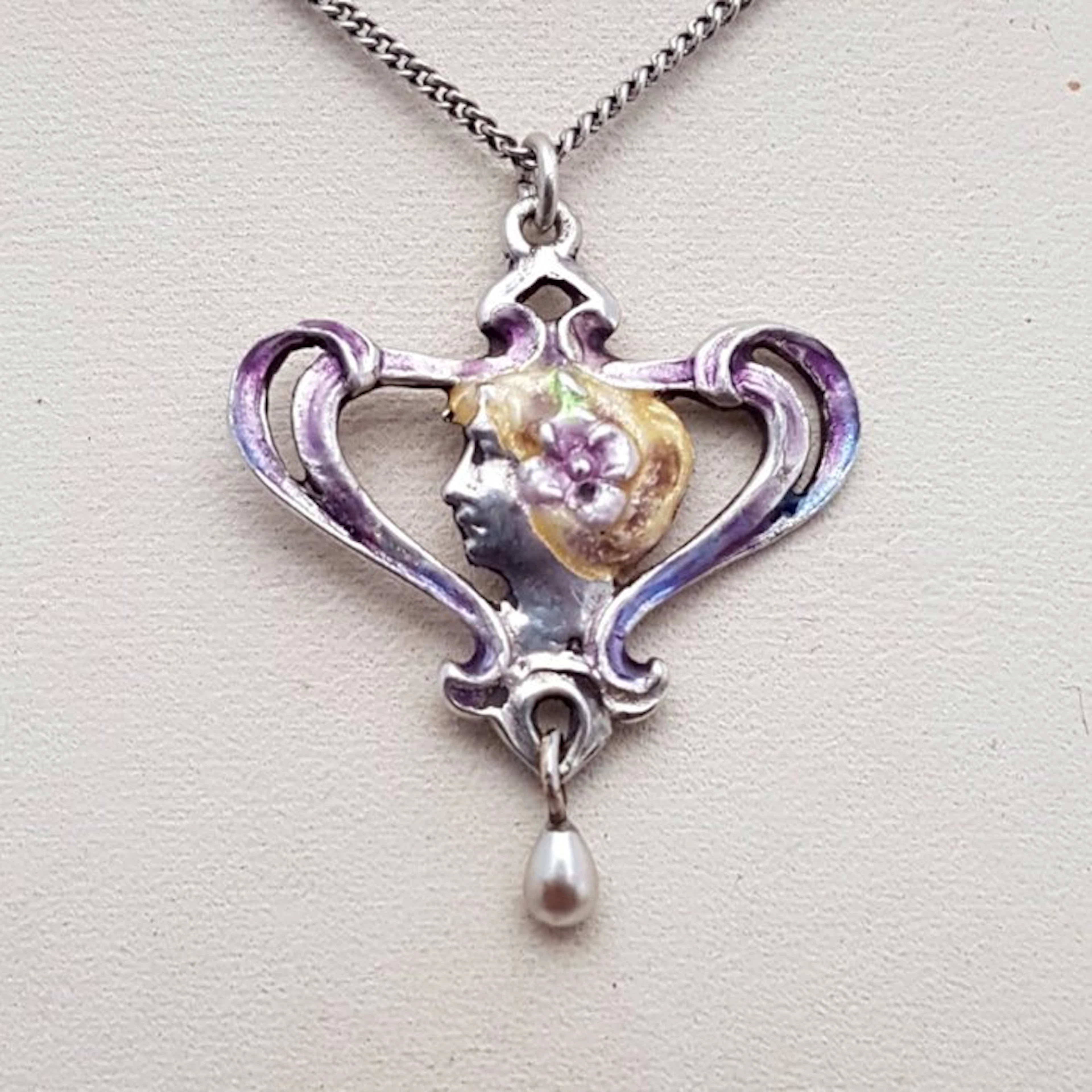 Silver, Art Nouveau, Enamel - Necklace with pendant