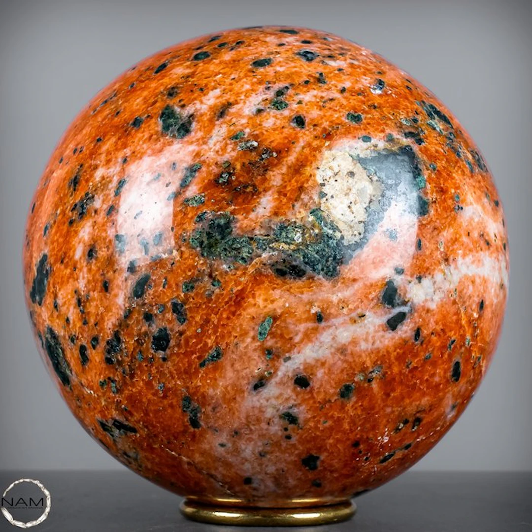 Natural First Quality Orange Calcite and Tourmaline Sphere- 7577.76 g