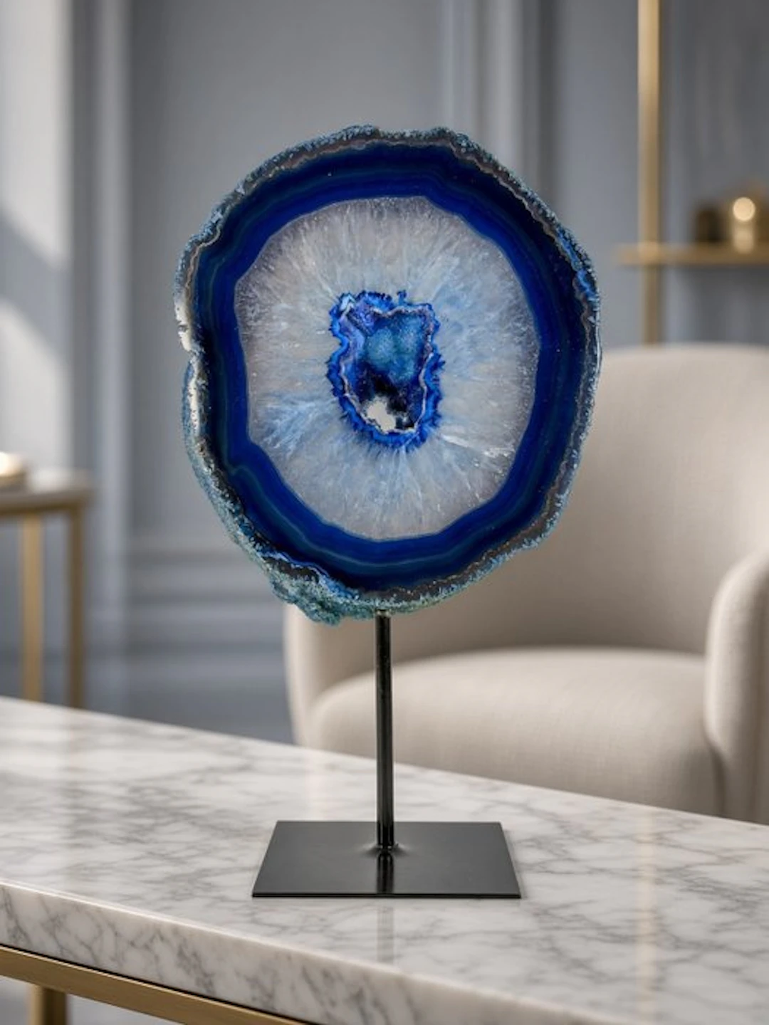 Rare blue Agate - rock crystal geode on stand Geode...