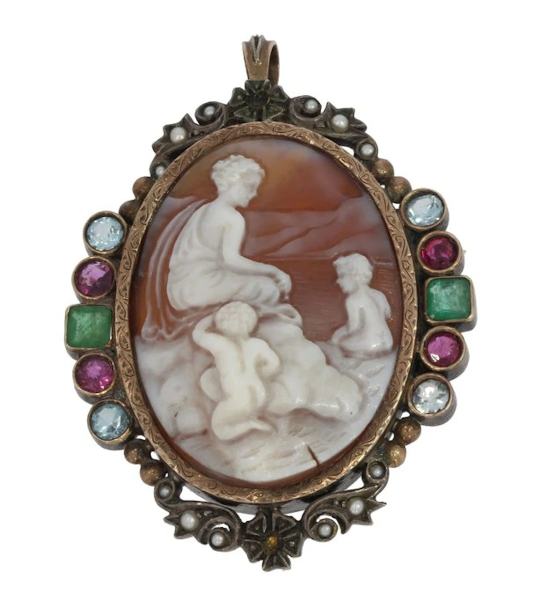 Pendant - 14 kt. Yellow gold, Silver Emerald - Very large Putti pendant