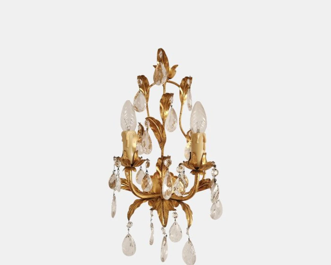 Candle wall light - Gold plated, Iron, Crystal - Hand-forged gold leaf