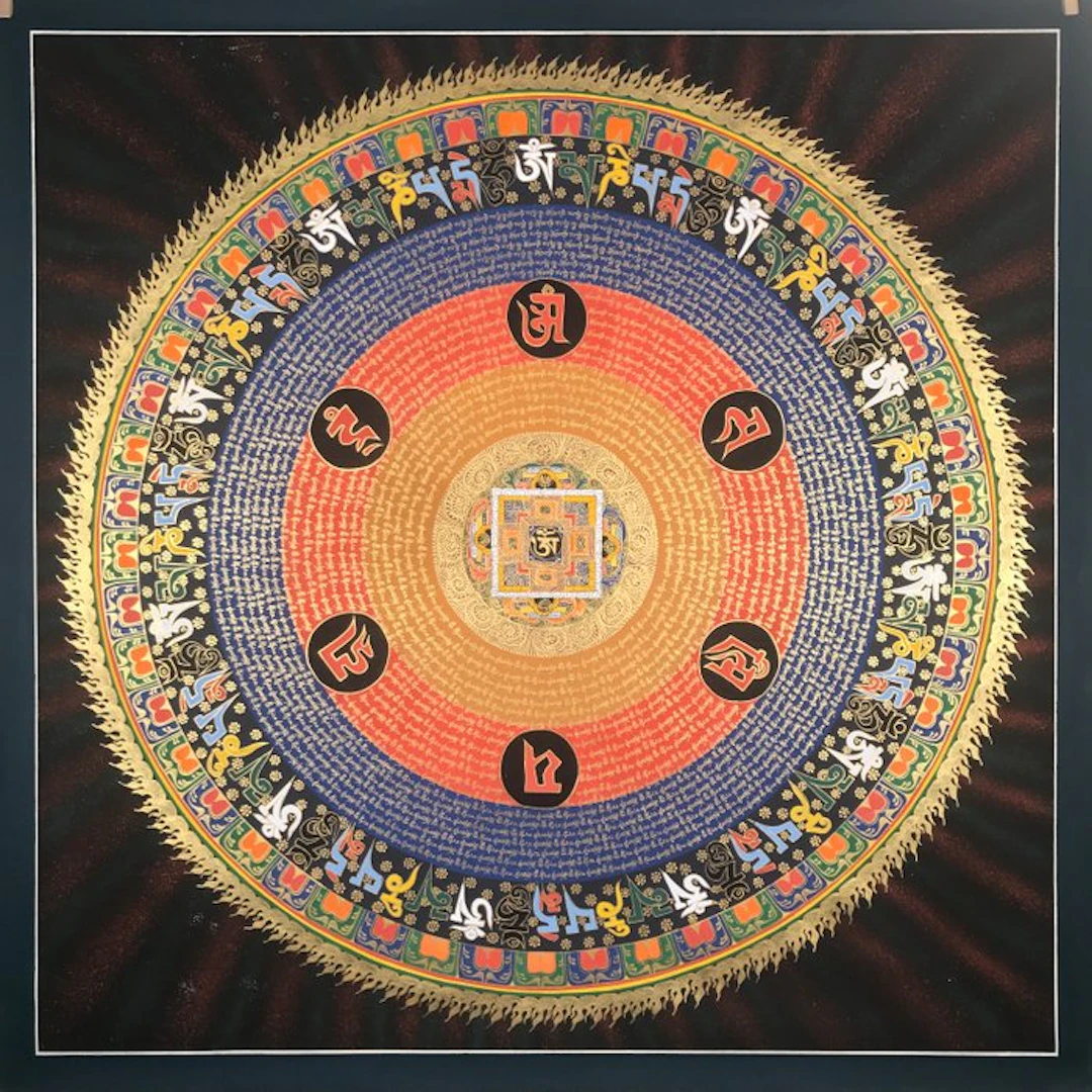 105 cm - Large Painting of Tibetan Tradition - Mandala Mantra/Yantra OM