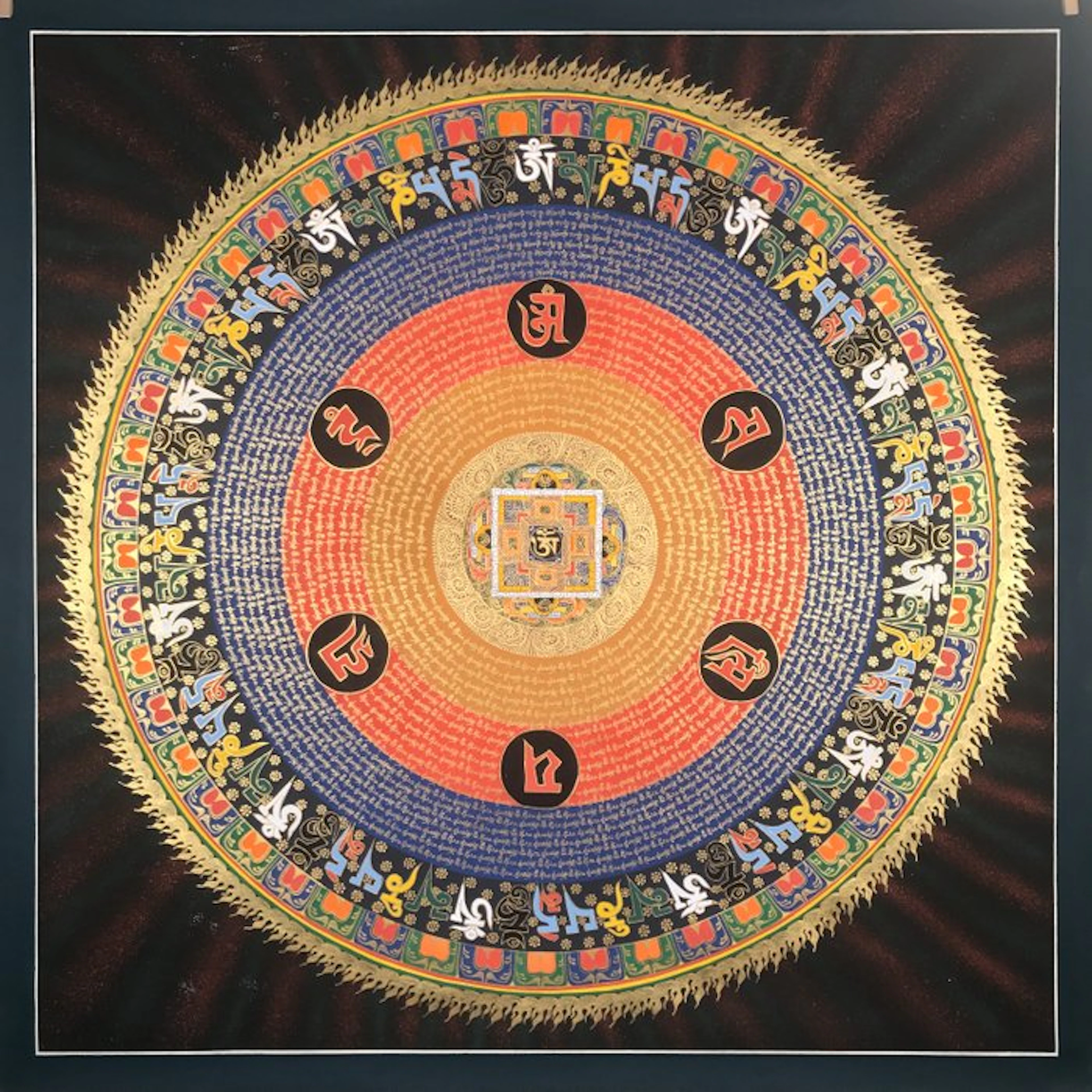 105 cm - Large Painting of Tibetan Tradition - Mandala Mantra/Yantra OM