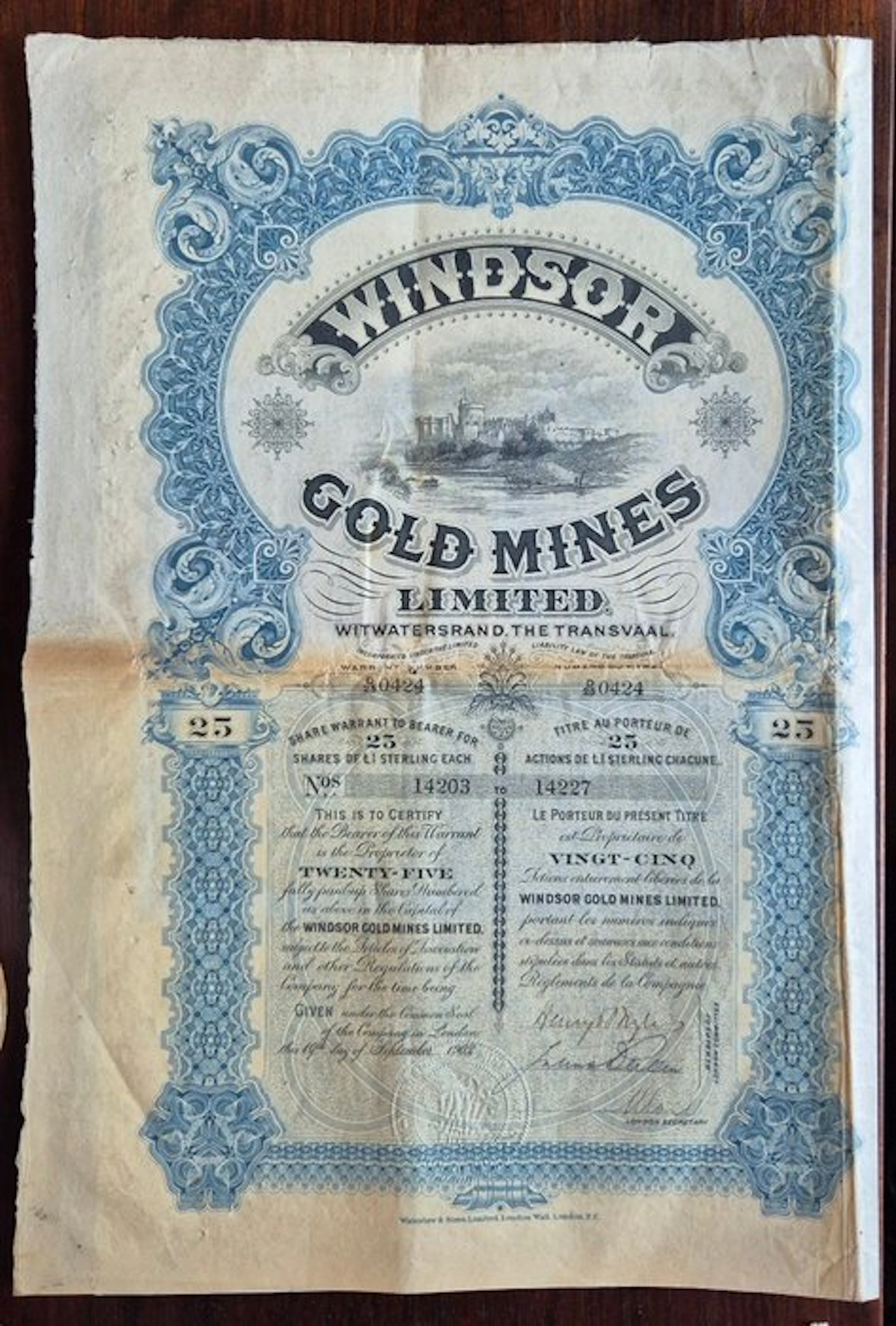 South Africa. 1 Pound Windsor Gold Mines - share