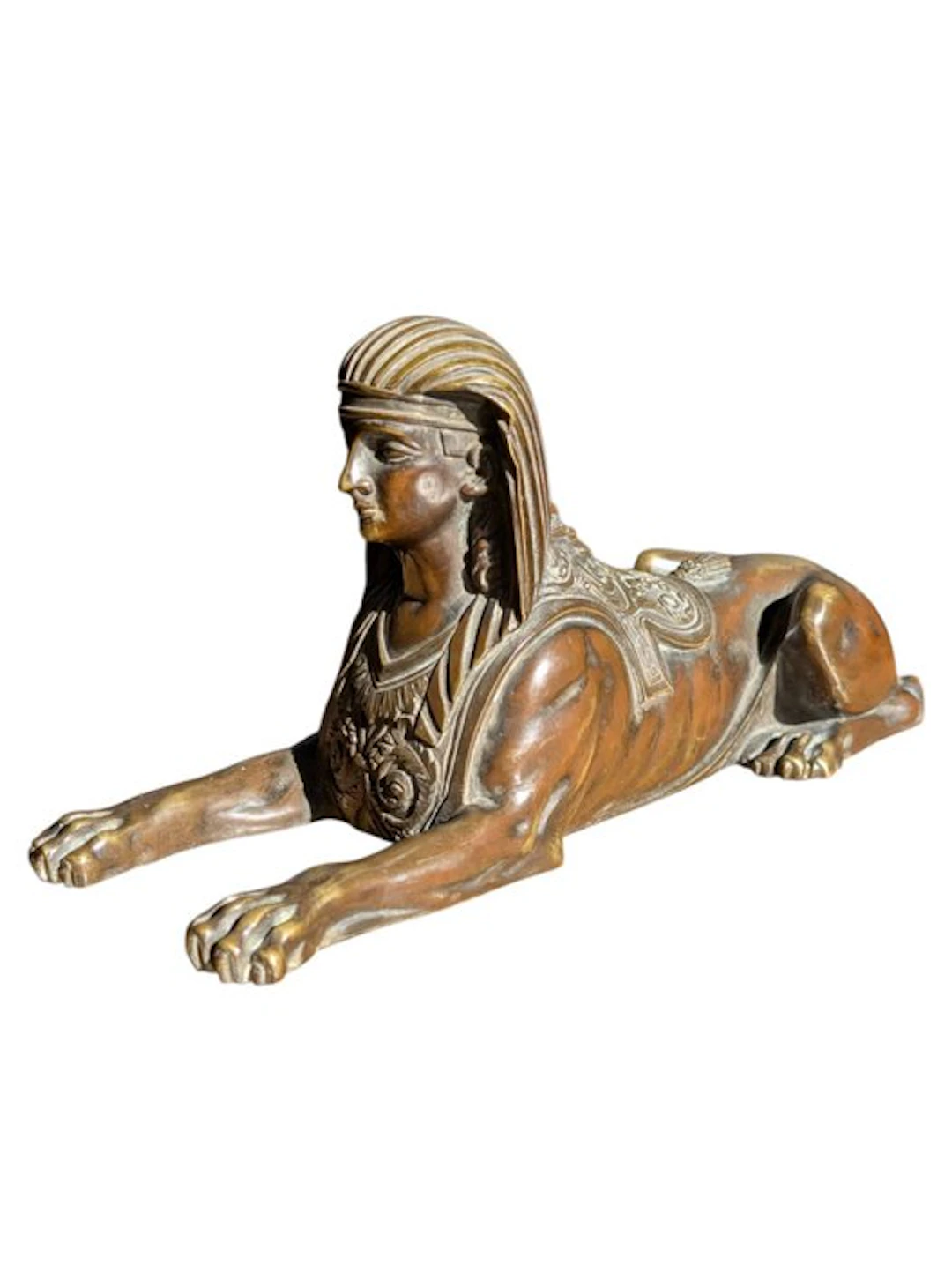 Statue, Antique Reclining Sphinx Sculpture - 12 cm - Bronze - 1880