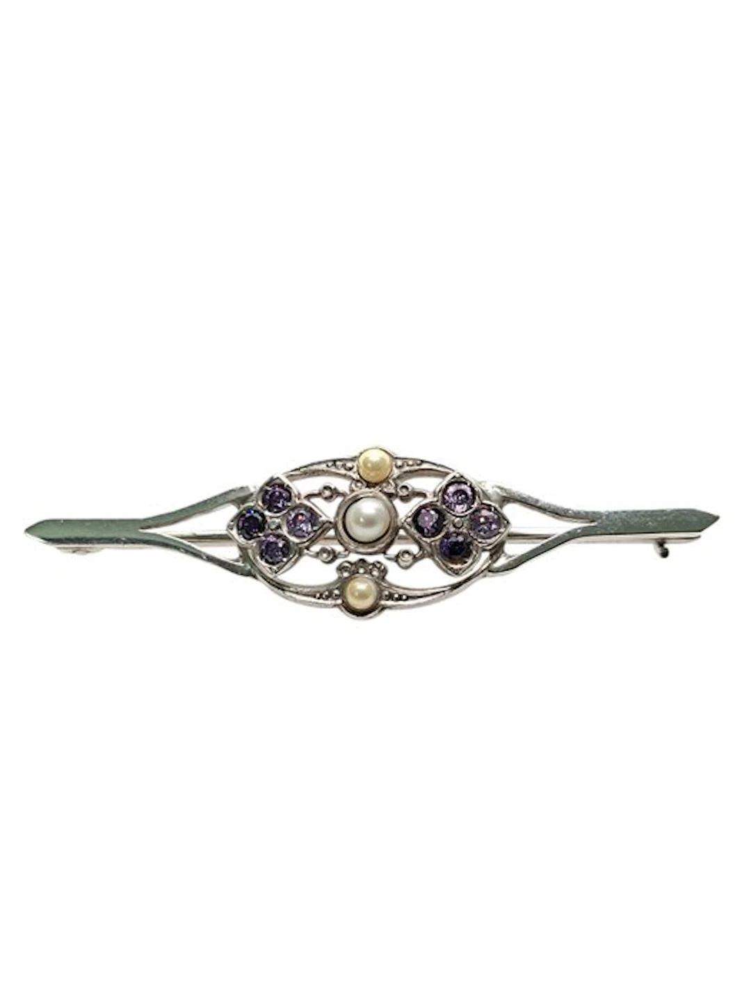 No reserve price - Brooch Silver Amethyst - Pearl - 18K white gold plated