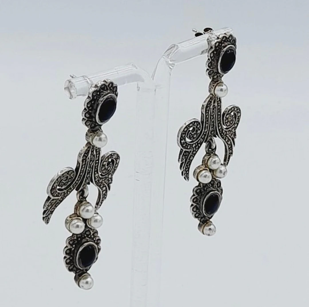 No reserve price - Earrings Silver Onyx - Pearl - Silver earrings