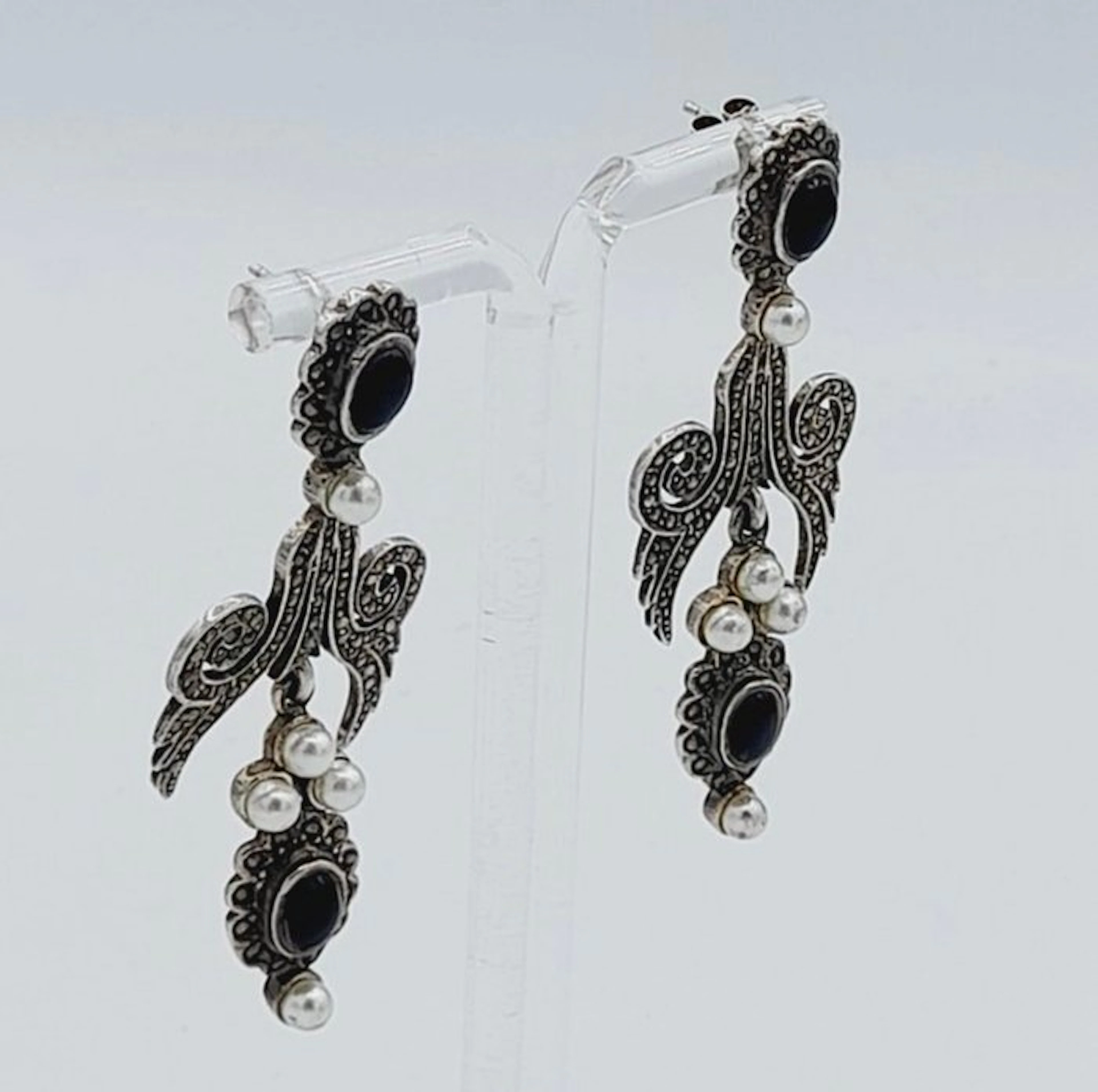 No reserve price - Earrings Silver Onyx - Pearl - Silver earrings