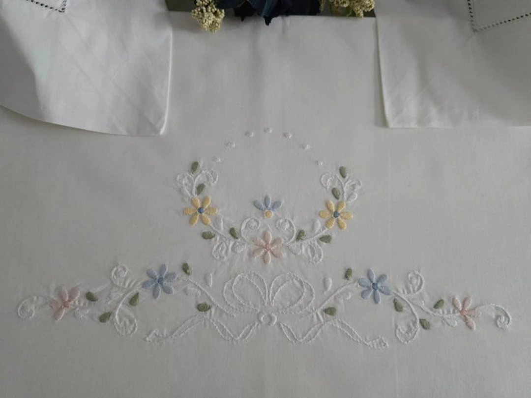 Set Lenzuola ricamate in puro cotone percalle Ricamo in...