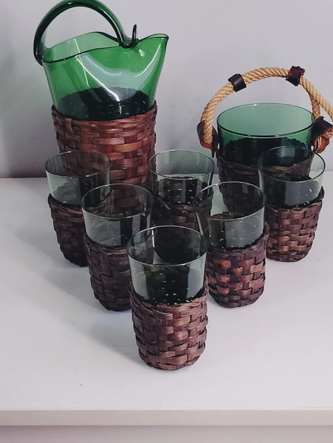 Empoli glass - Drinking set (8) - Green glass Empoli