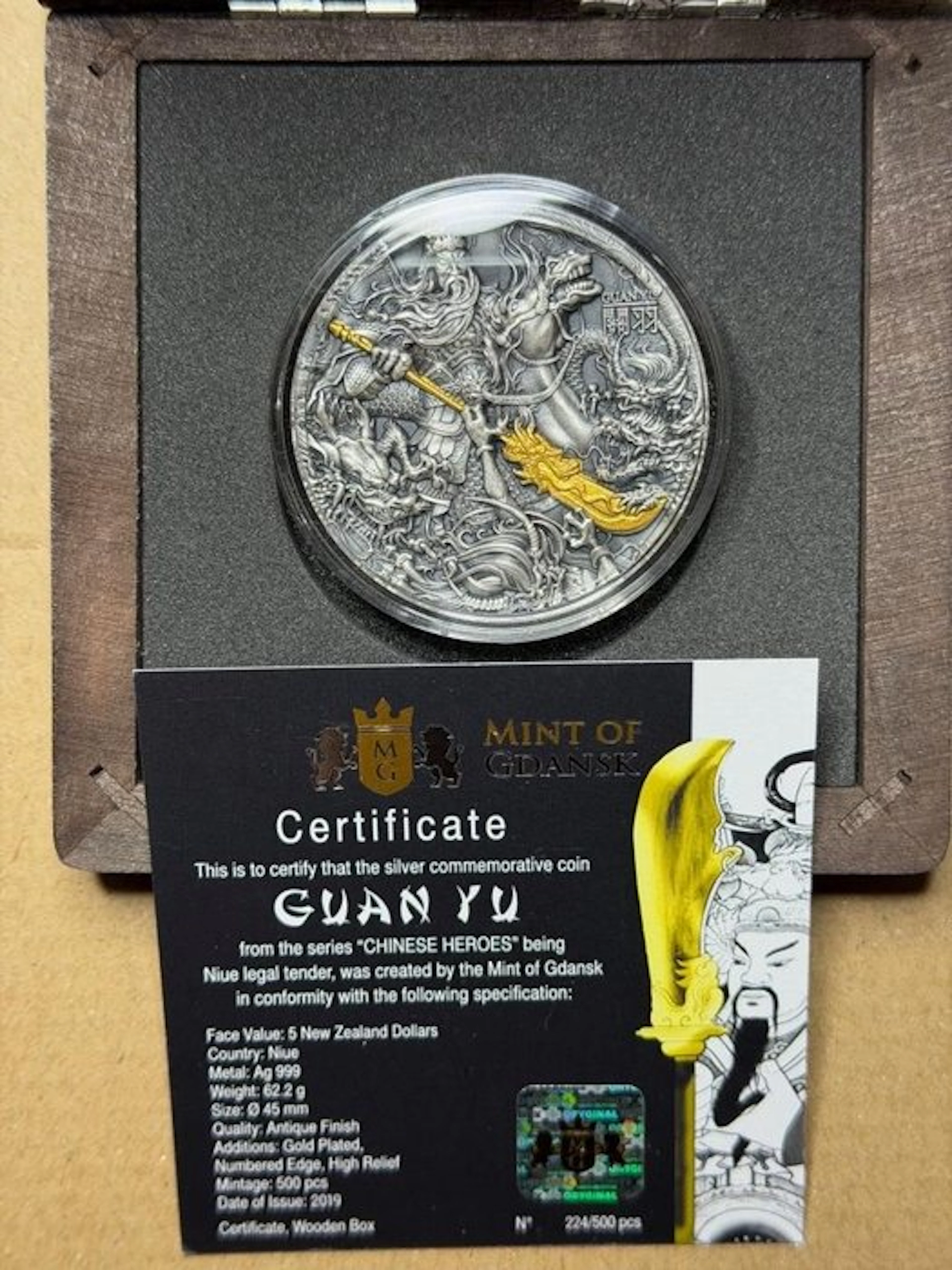 Niue. 5 Dollars 2019 Guan Yu Chinese Heroes , 2 Oz (.999)