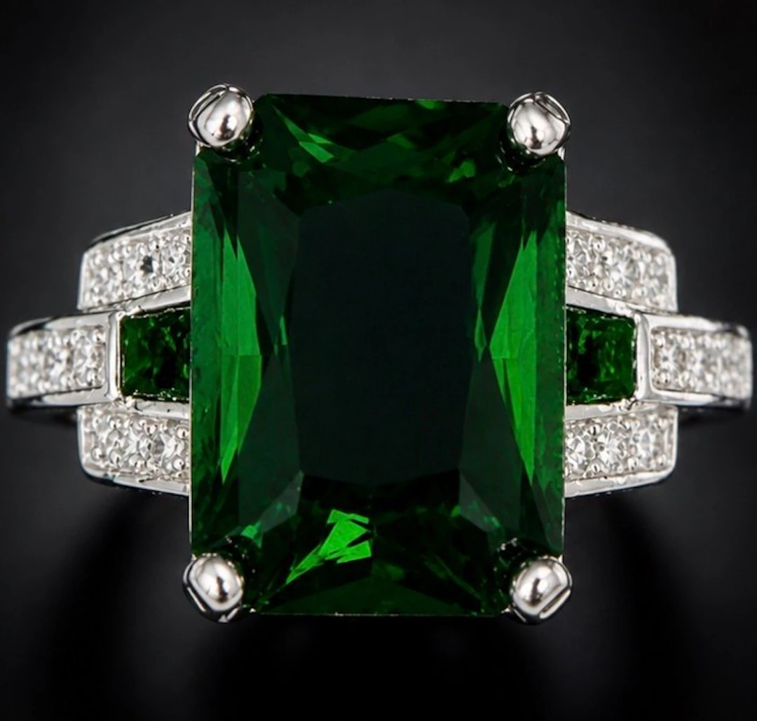 925 Sterling Silver Emerald Green Crystal Ring Emerald...