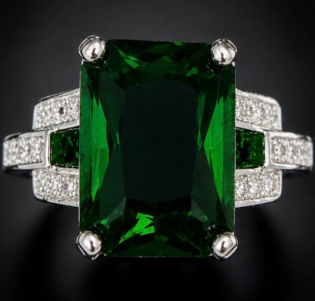 925 Sterling Silver Emerald Green Crystal Ring Emerald...