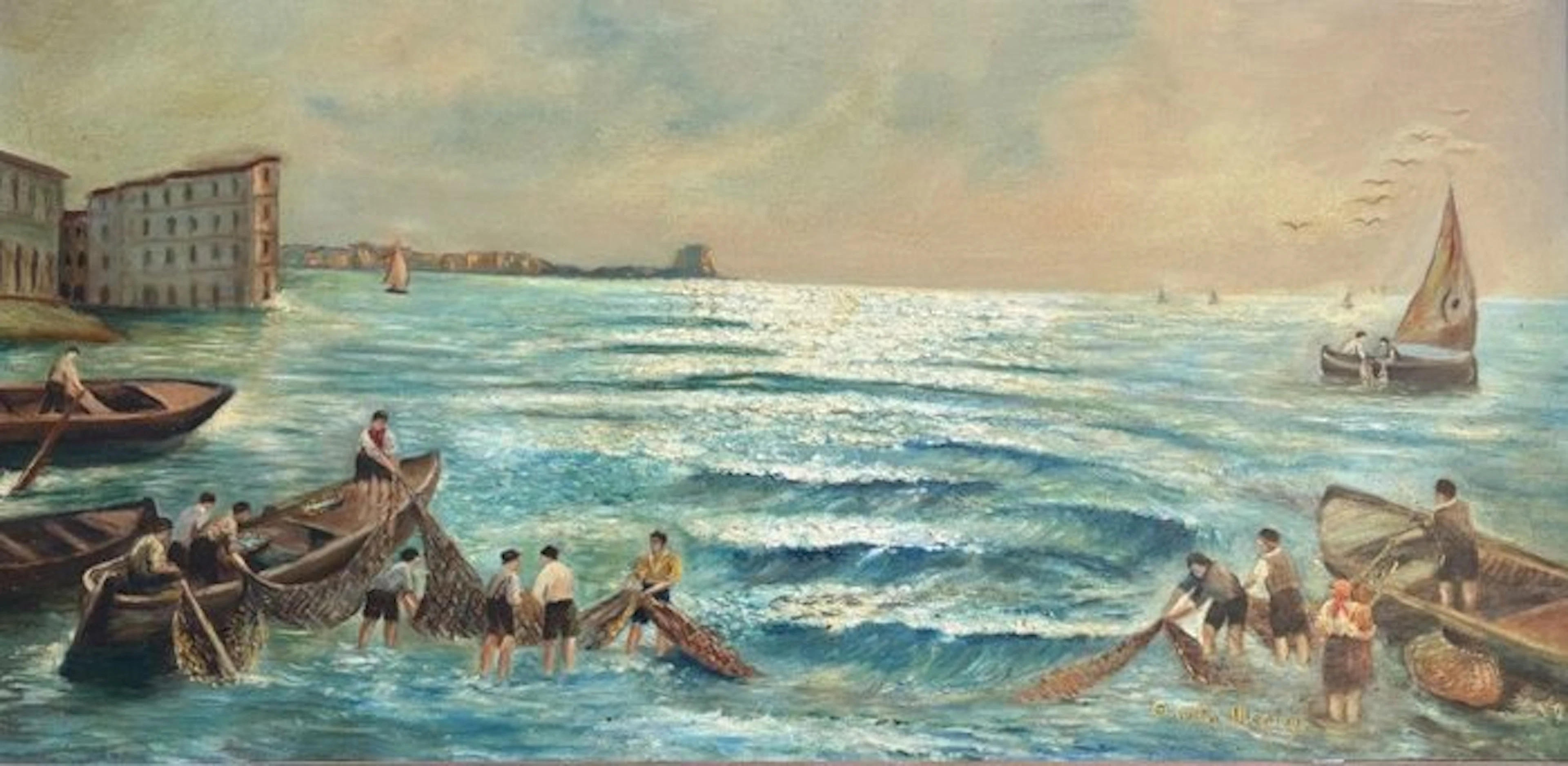 Italian school (XX) - Pescatori al lavoro sulla costa
