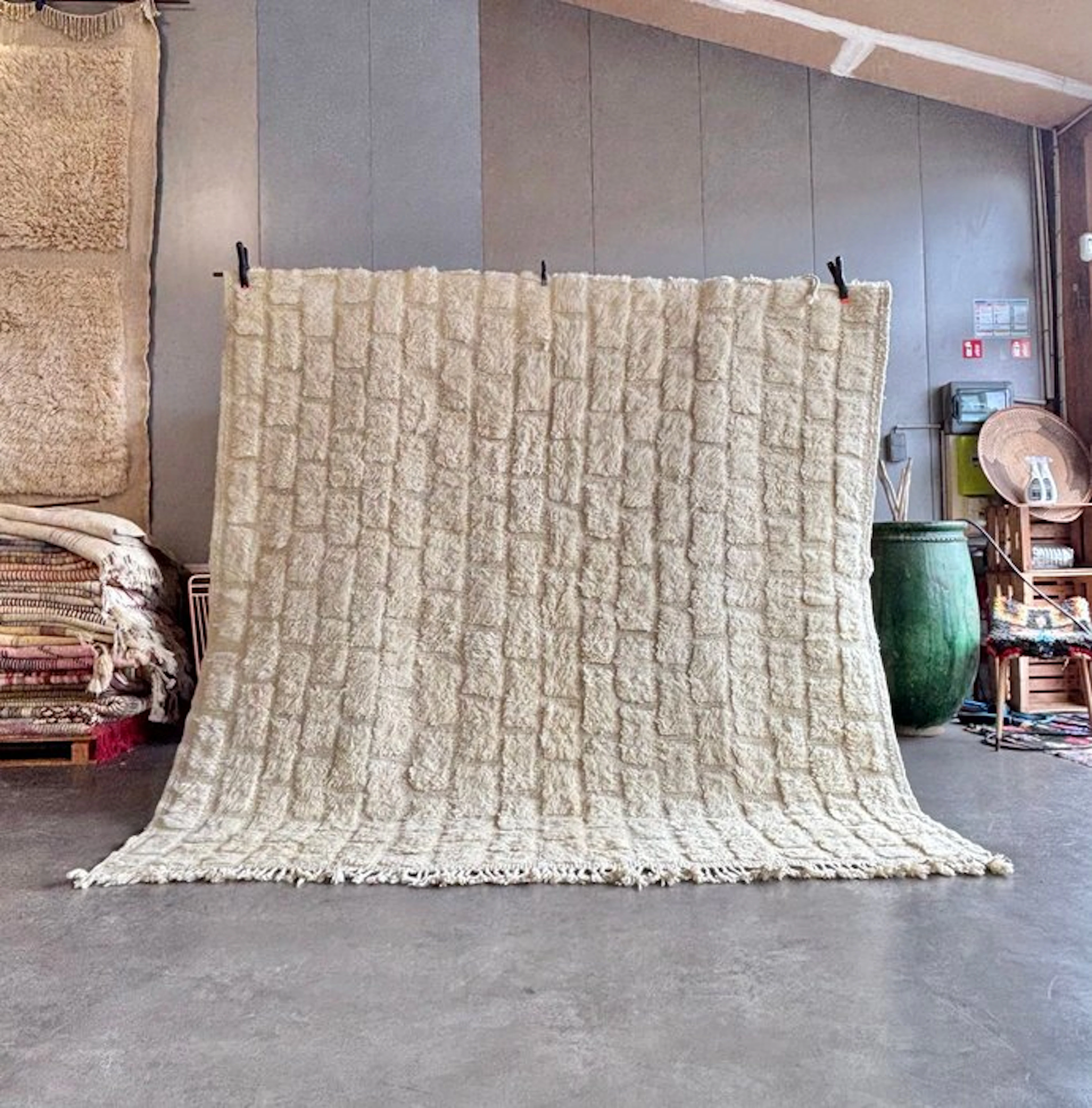 Sculptural Ivory Beni Ouarain Rug with Raised Mosaic...