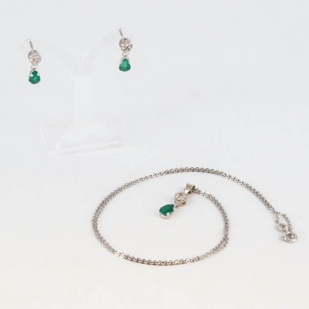 2 piece jewellery set - 18 kt. White gold Emerald - Diamond