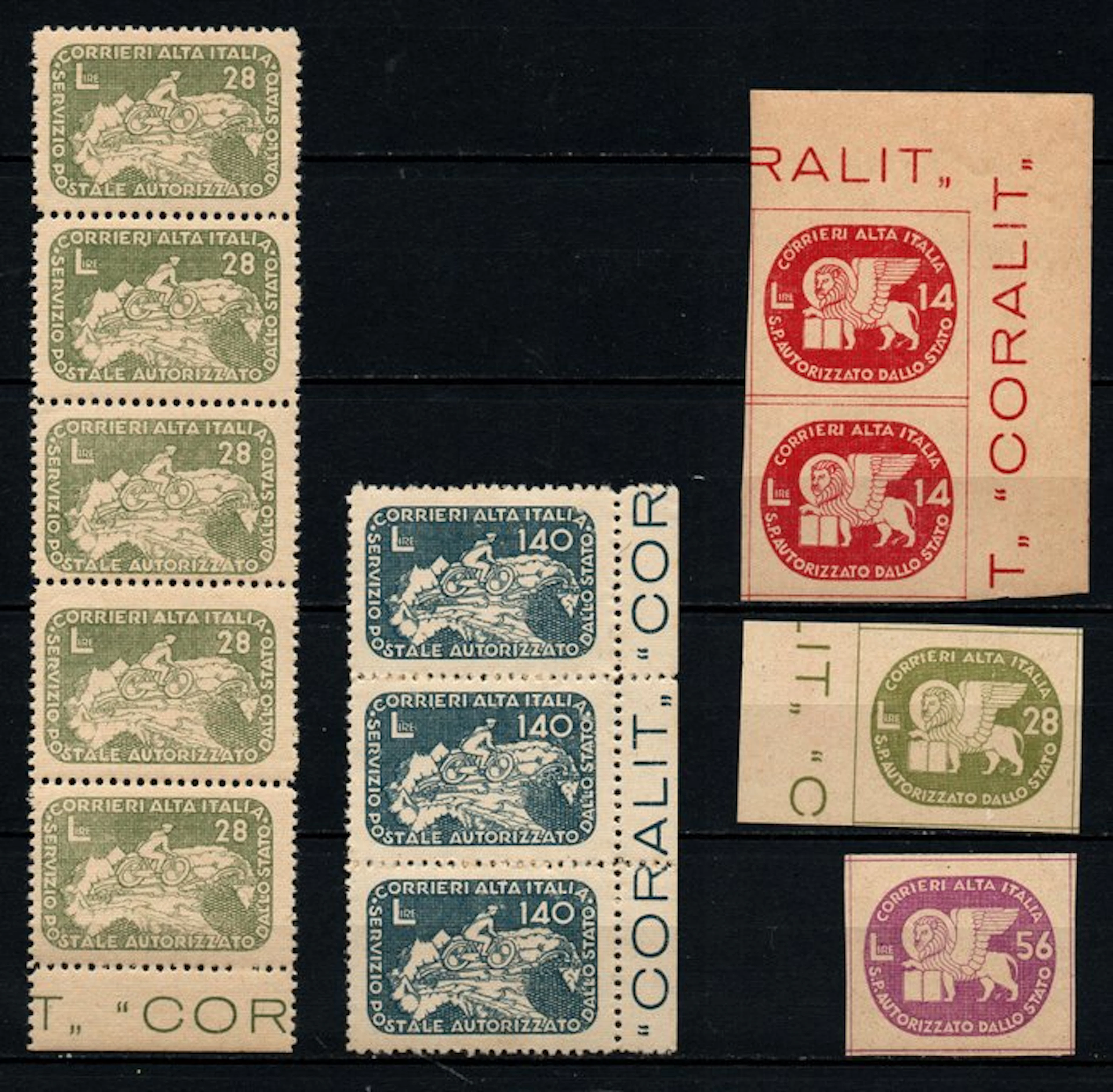 Italy 1945 - Alta Italia Courier stamps - accumulation - Sassone 3/5 - 9 - 12