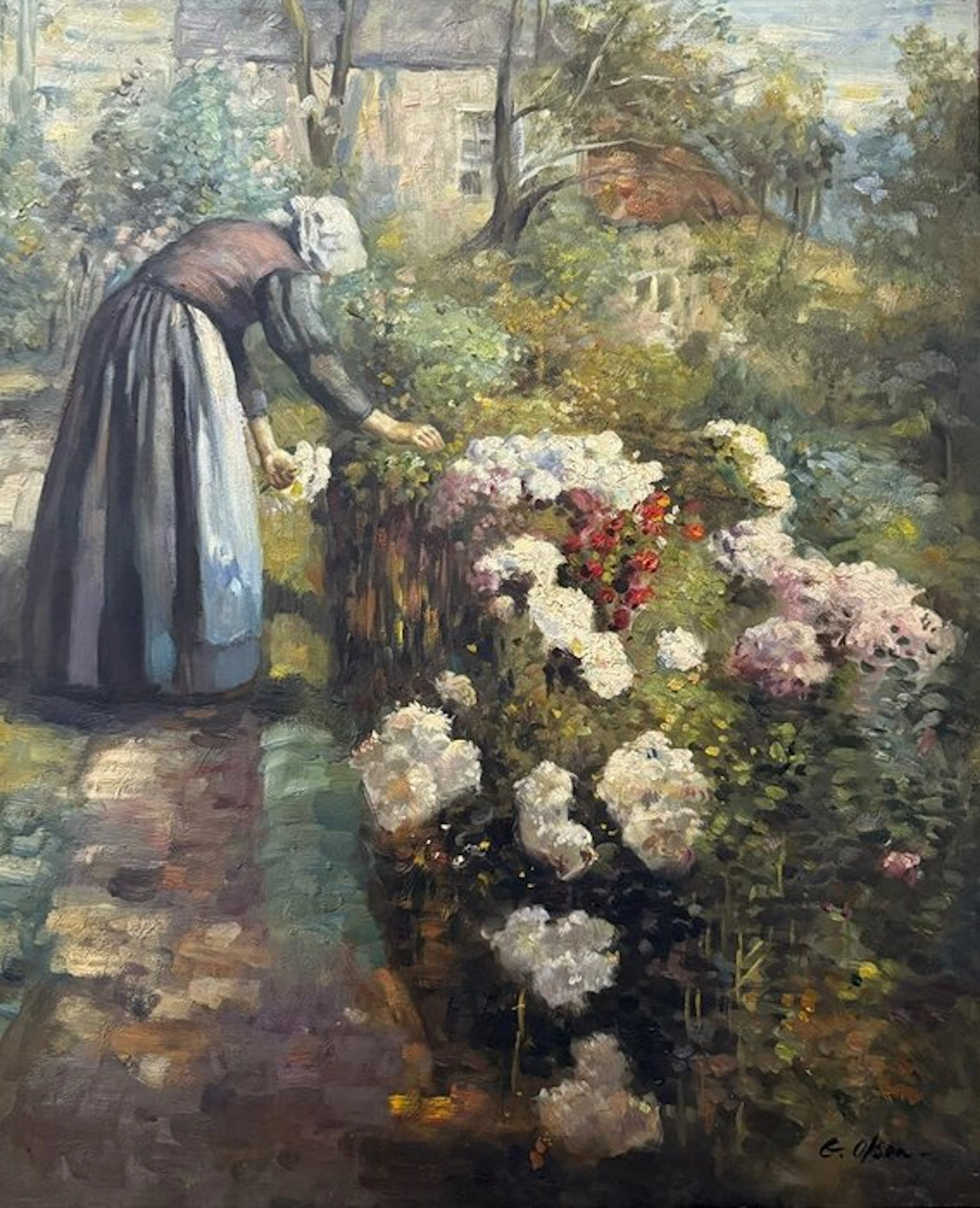 European school (XIX) - Femme au jardin fleuri