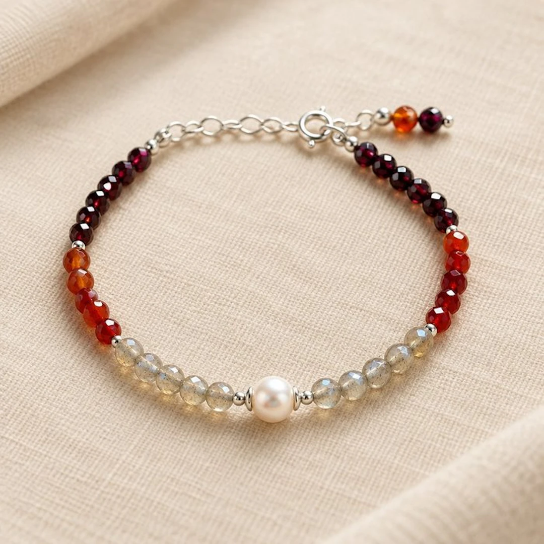 Pearl - Silver - Bracelet - Pearl, garnet, carnelian