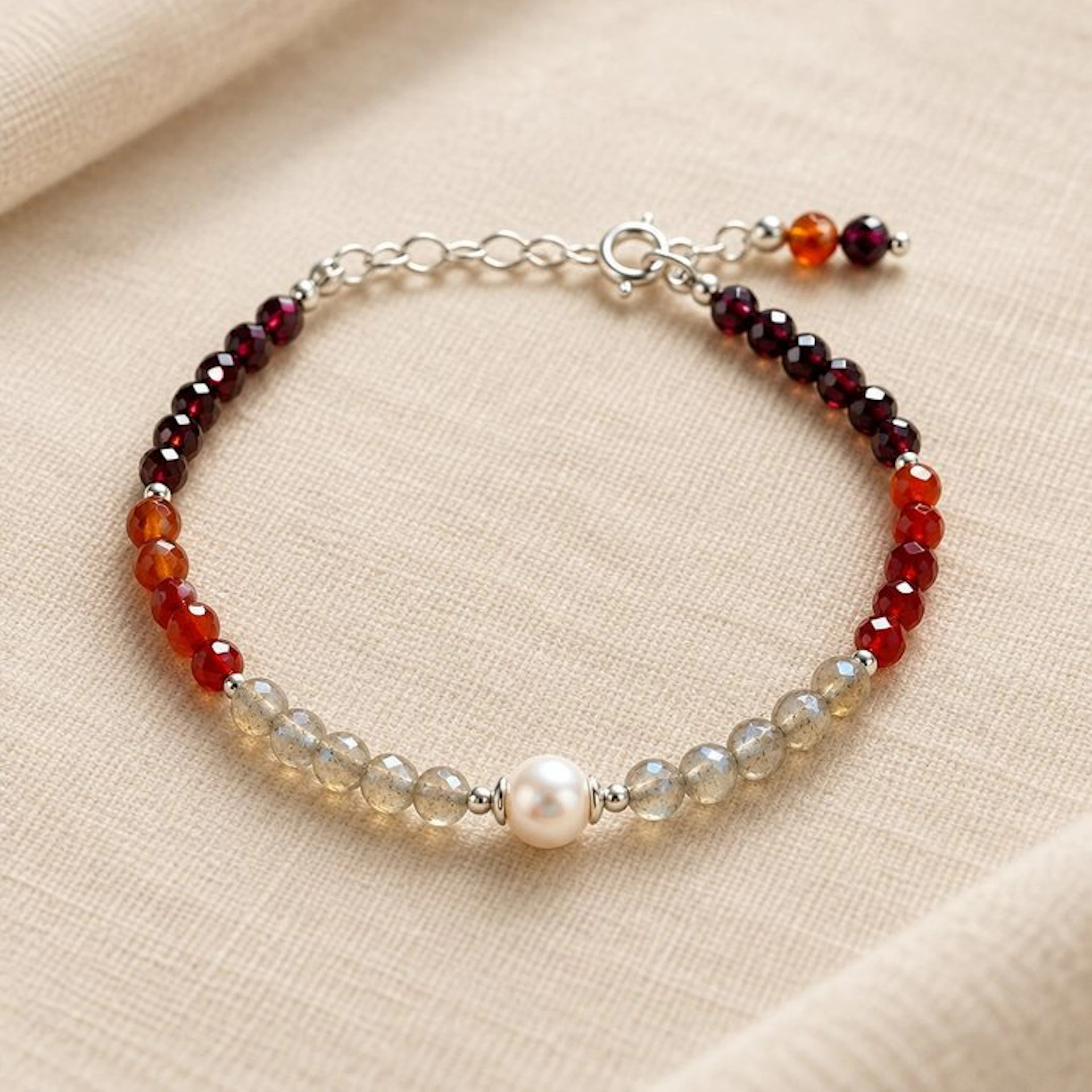 Pearl - Silver - Bracelet - Pearl, garnet, carnelian