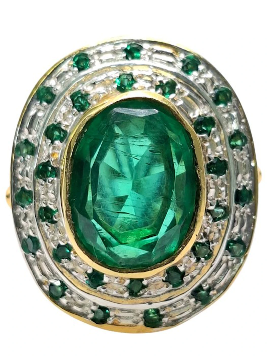 No reserve price - Ring - 9 kt. Silver, Yellow gold Emerald - Emerald