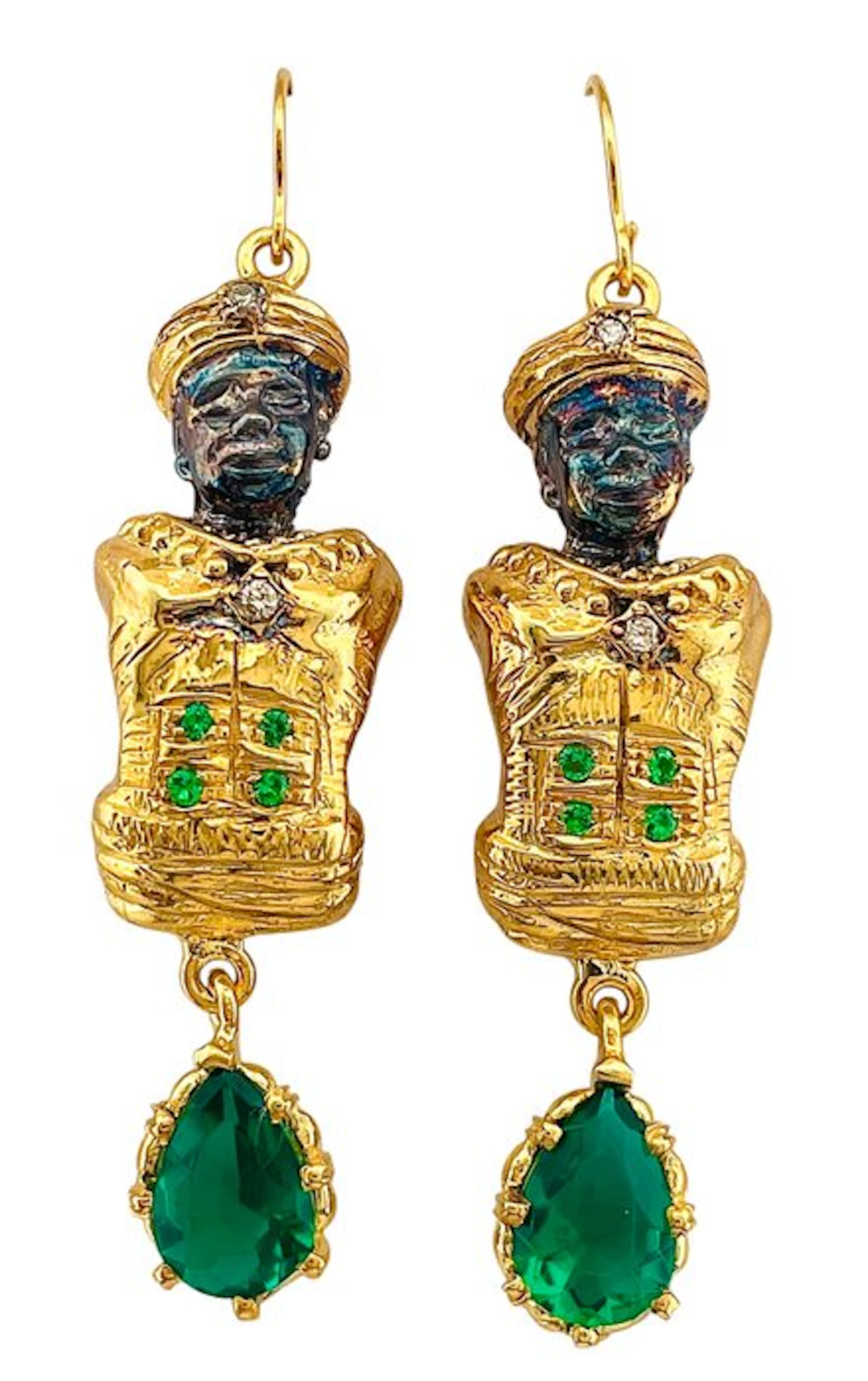No reserve price - Earrings - 9 kt. Yellow gold, Silver Emerald - Diamond
