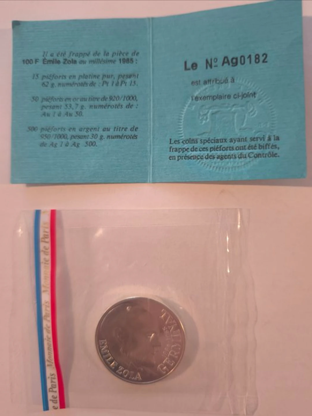 France. 100 Francs 1985 Emile Zola. Piéfort en argent (No reserve price)