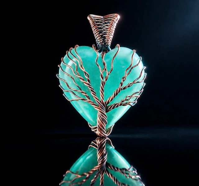 Copper - Tree of Life - Aqua Calcedon Heart - Pendant