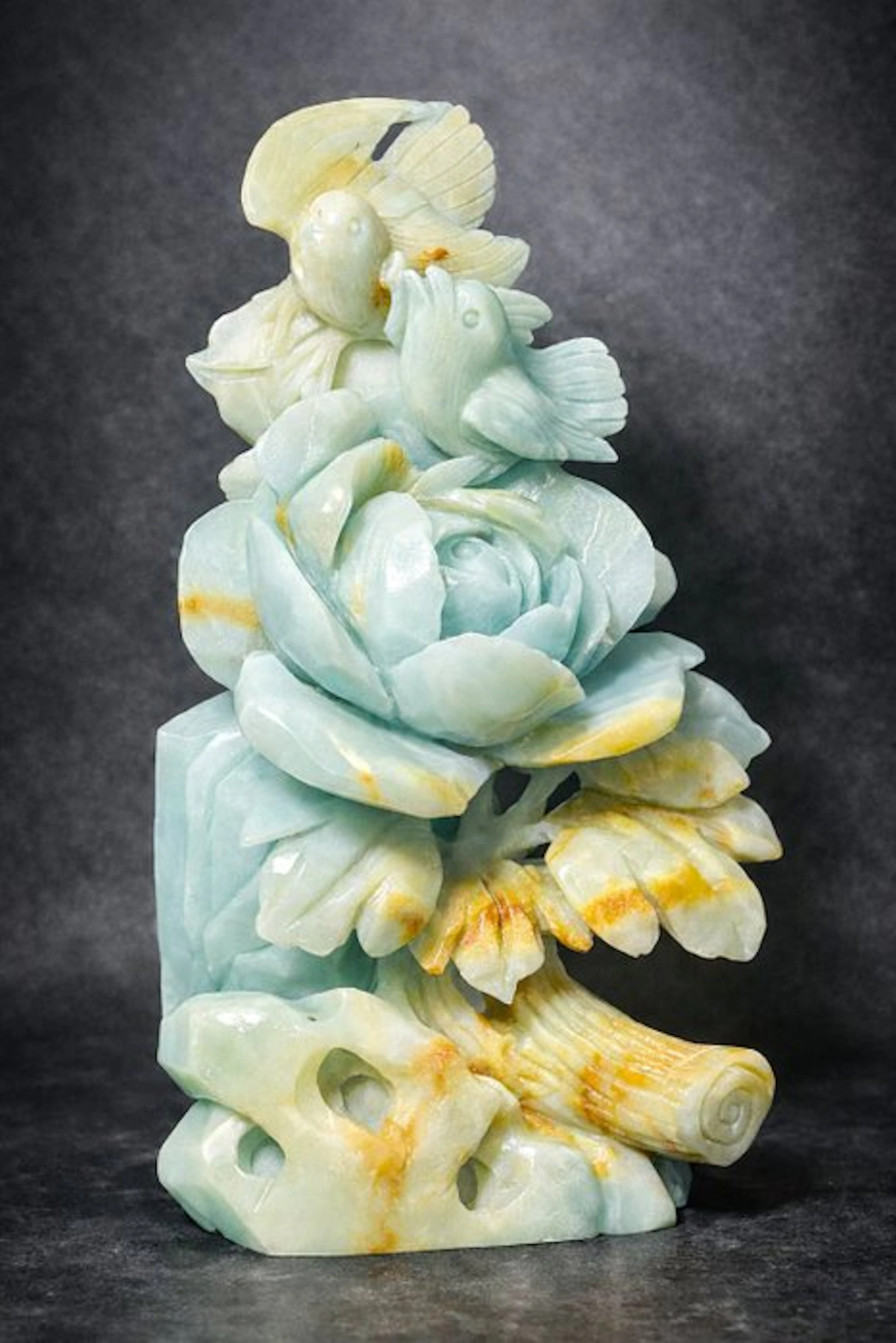 Baby Blue Amazonite Two Birds on Rose Carving - Romantic...