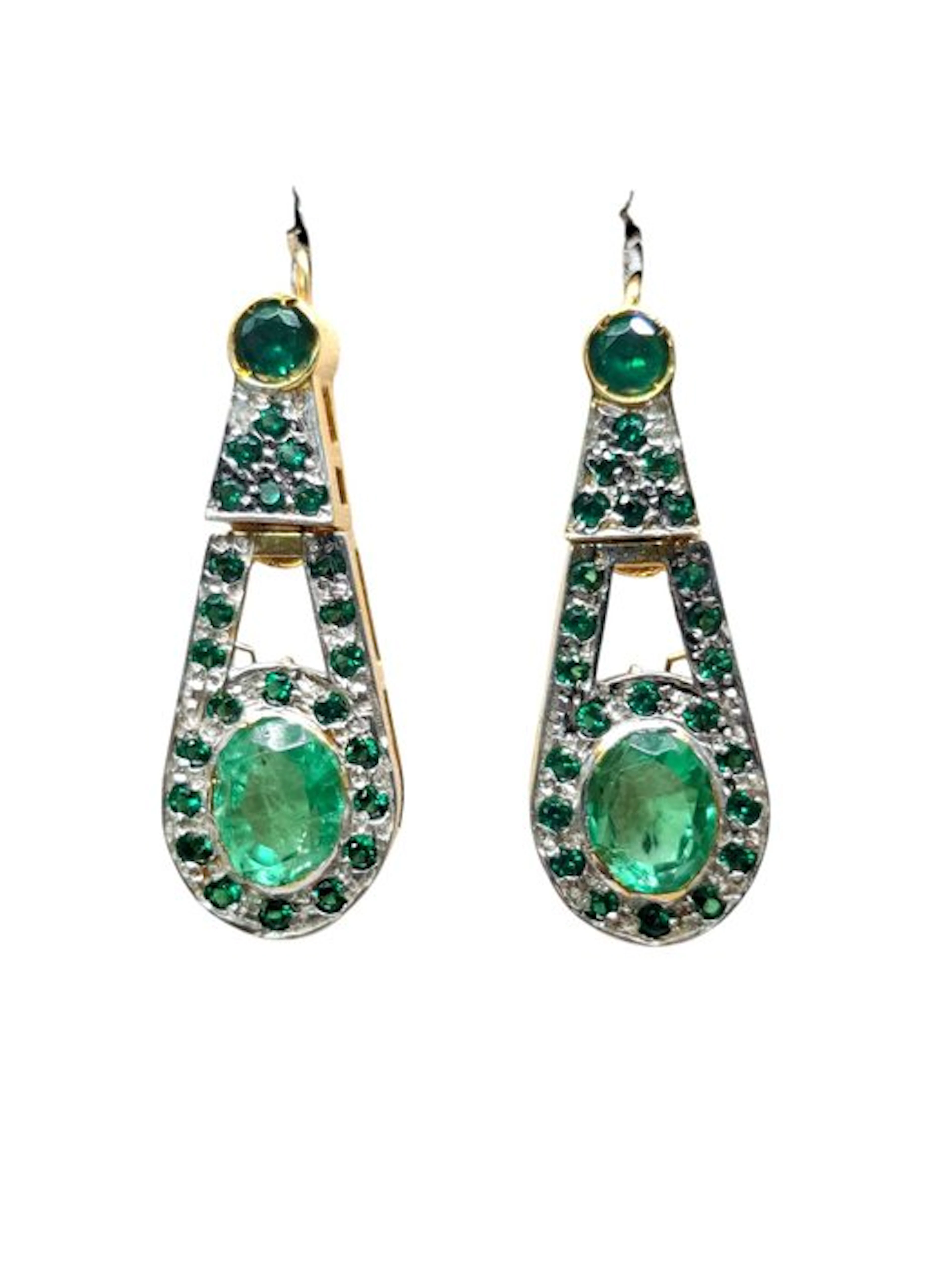 No reserve price - Earrings - 9 kt. Silver, Yellow gold Emerald - Emerald