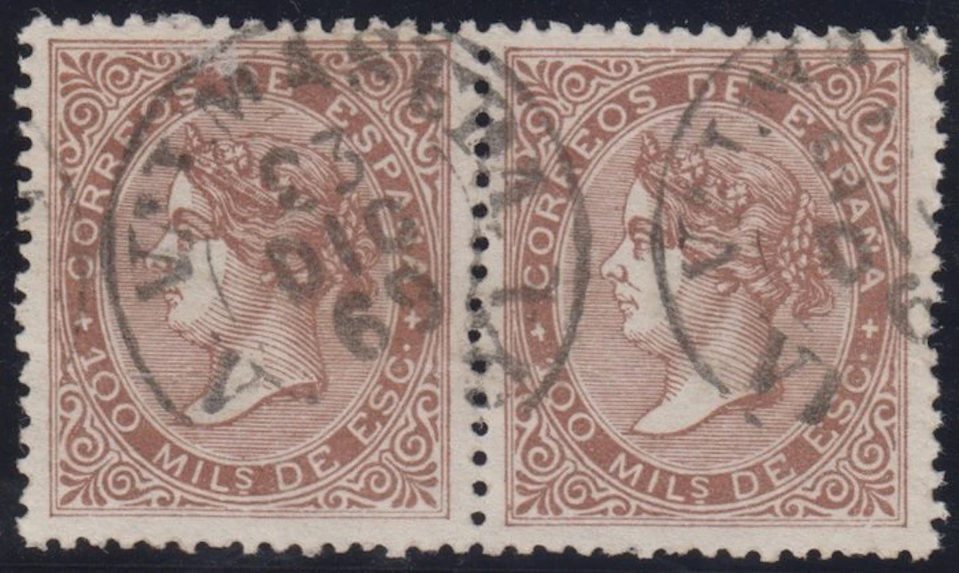 Spain 1868 - Isabel II. 100 thousandths, brown. - Edifil 99 pareja horizontal