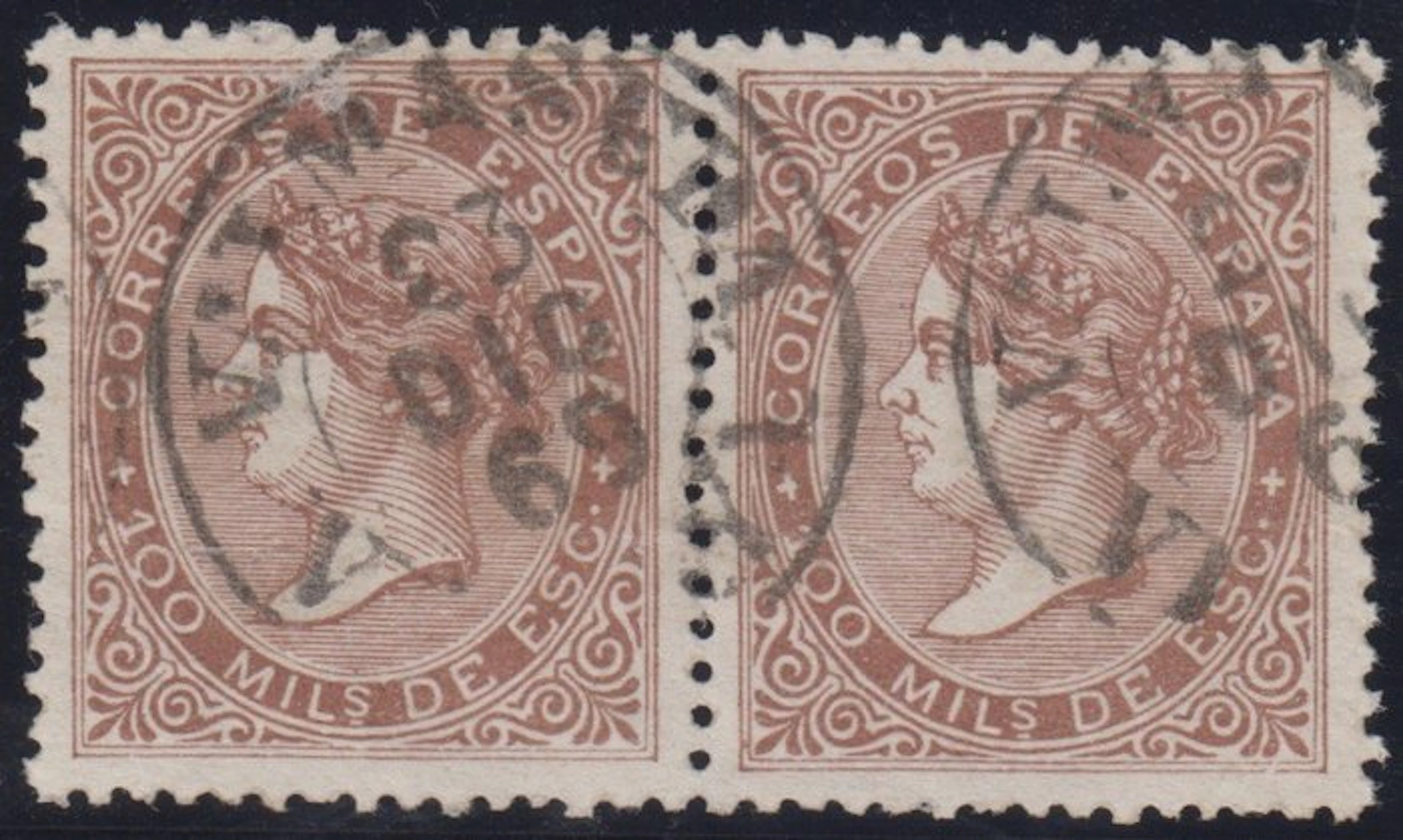 Spain 1868 - Isabel II. 100 thousandths, brown. - Edifil 99 pareja horizontal