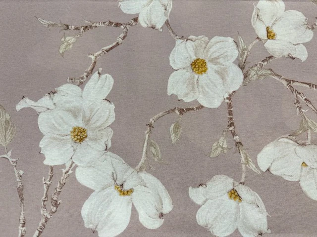 Elegant Sanderson-style patterned fabric with magnolia flower motif