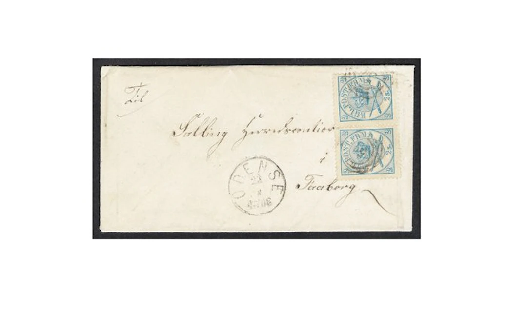 Denmark 1864 - Coat of Arms 2s Blue pair on cover ring...