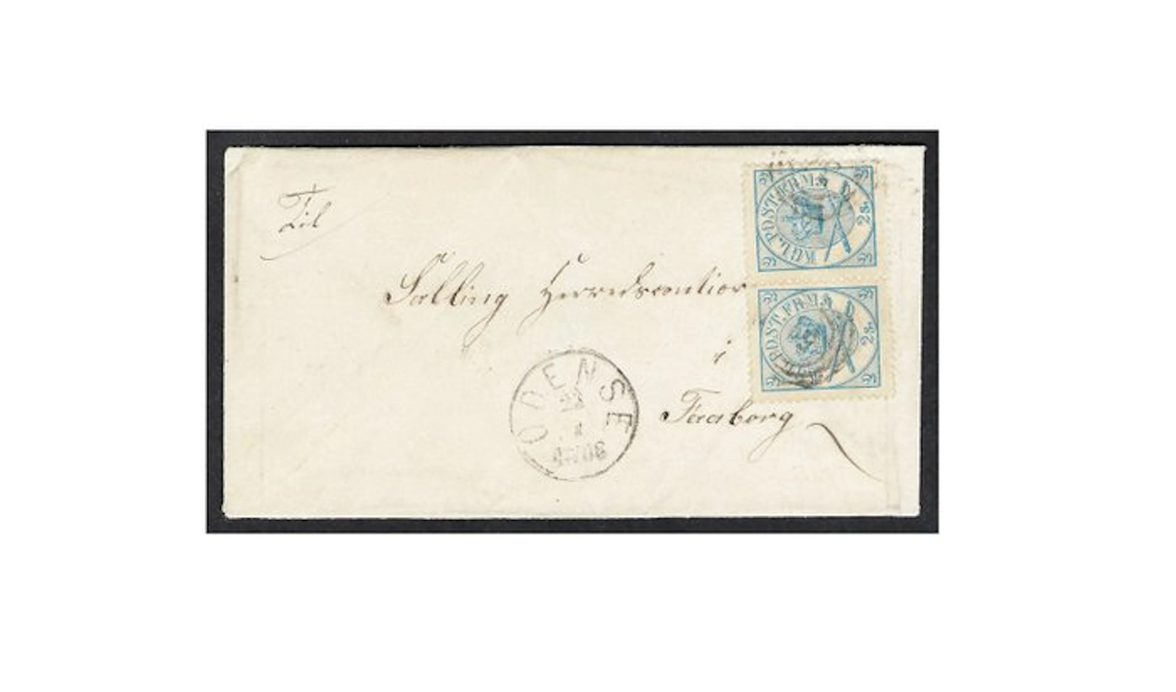 Denmark 1864 - Coat of Arms 2s Blue pair on cover ring...