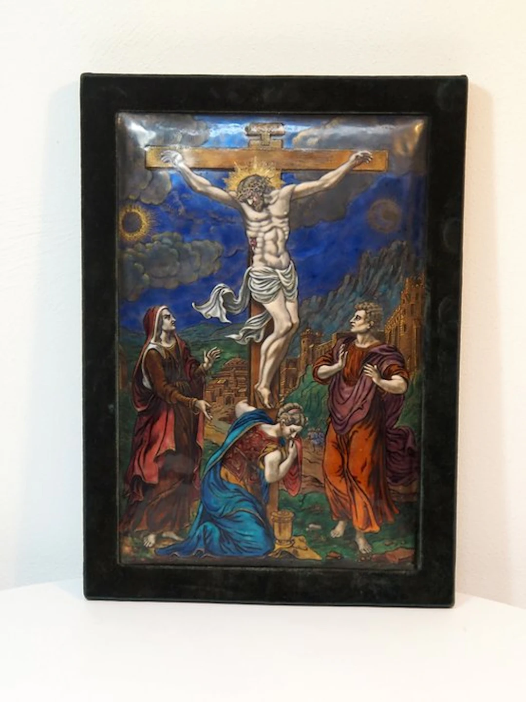 Limoges plaque Calvary with cruxified Jesus