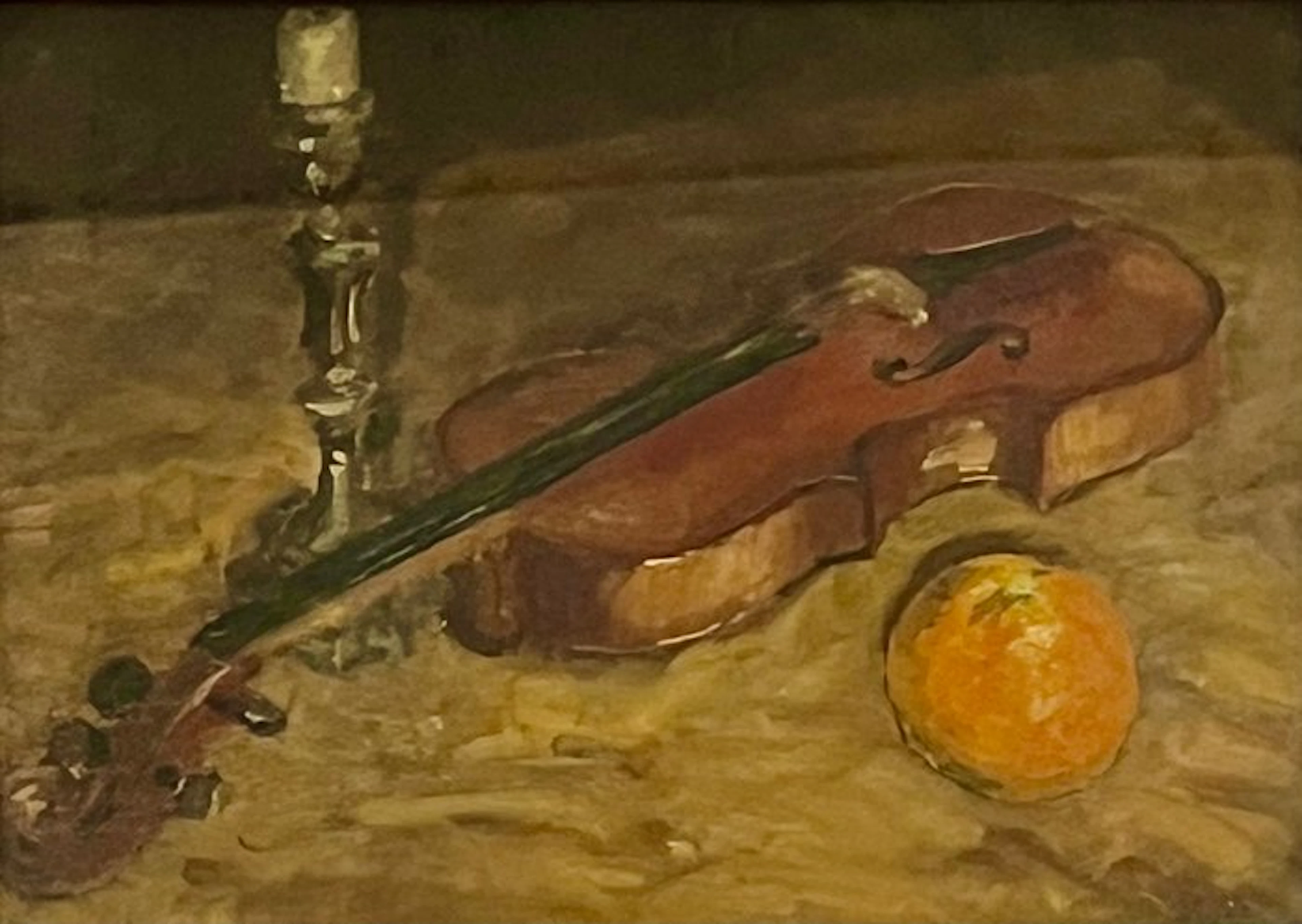 Restelli (XX) - Natura morta con violino, candelabro e arancia