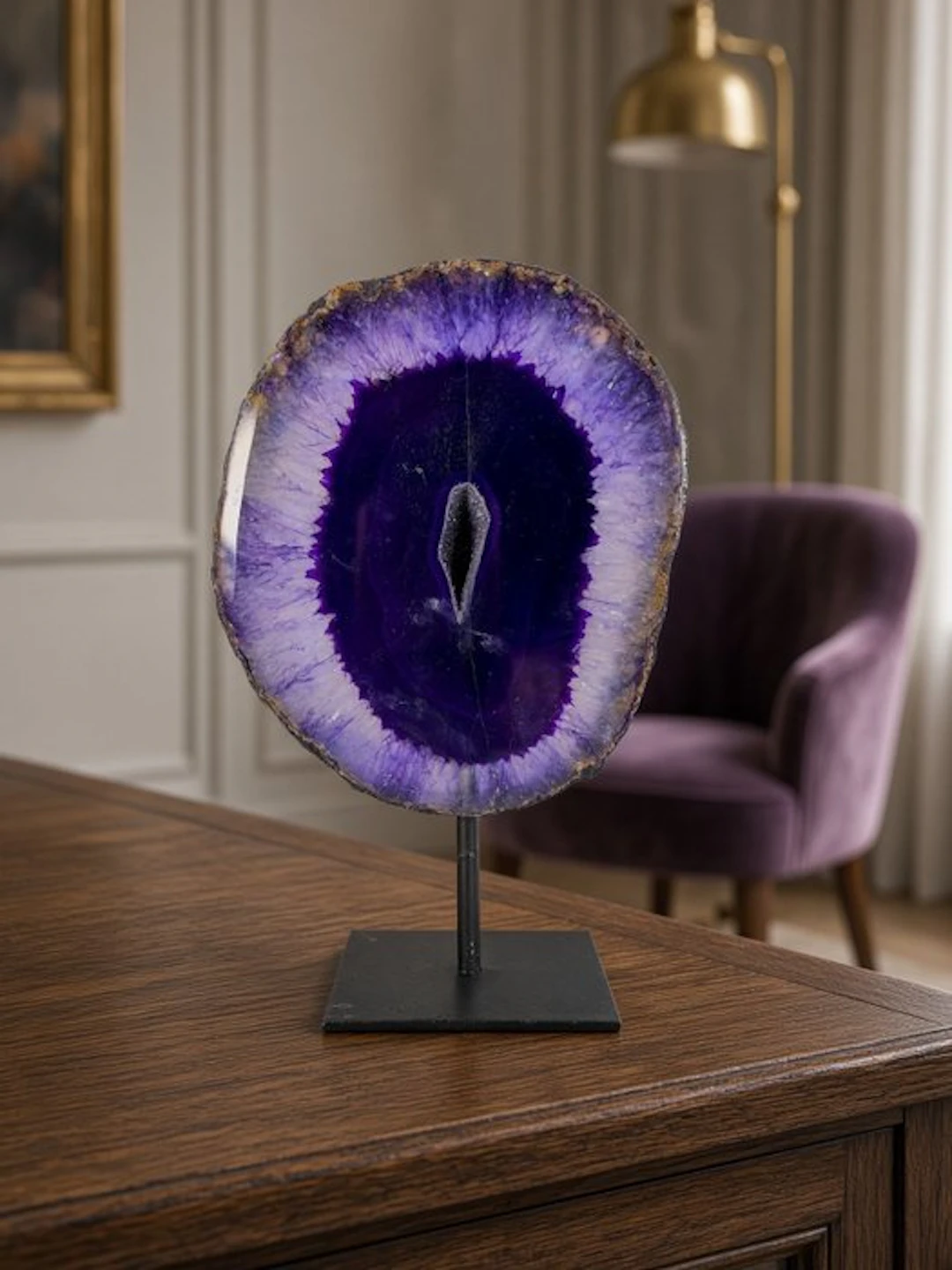 Unique purple colored agate slice on stand Polished...